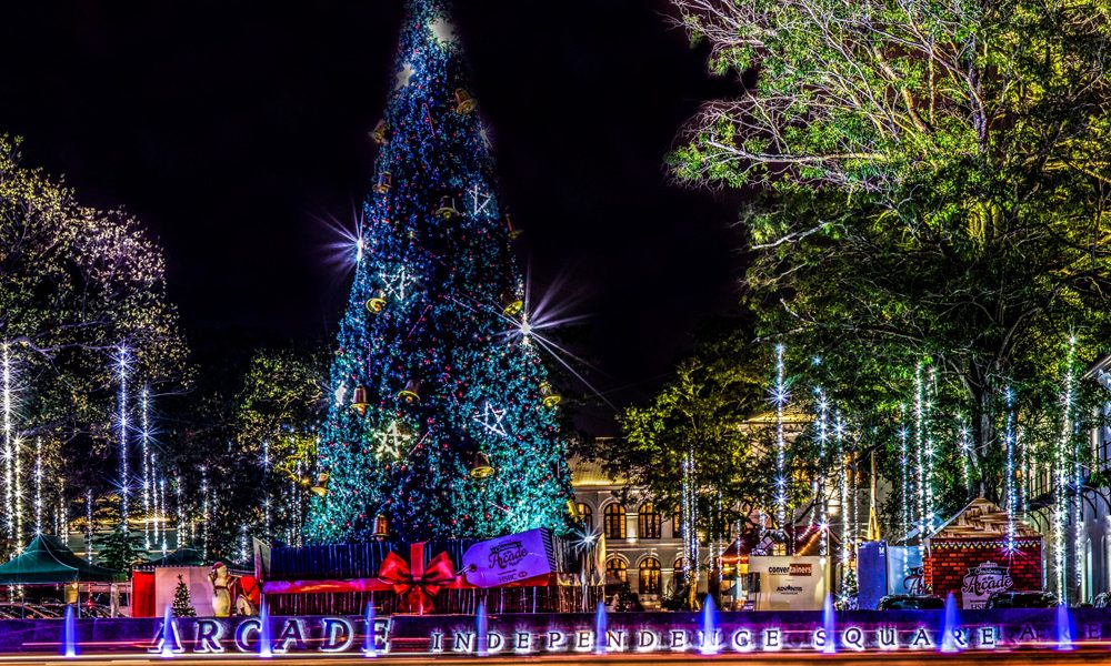 Christmas tree and surrounding light decorations in front of the Arcade Independence Square in Colombo