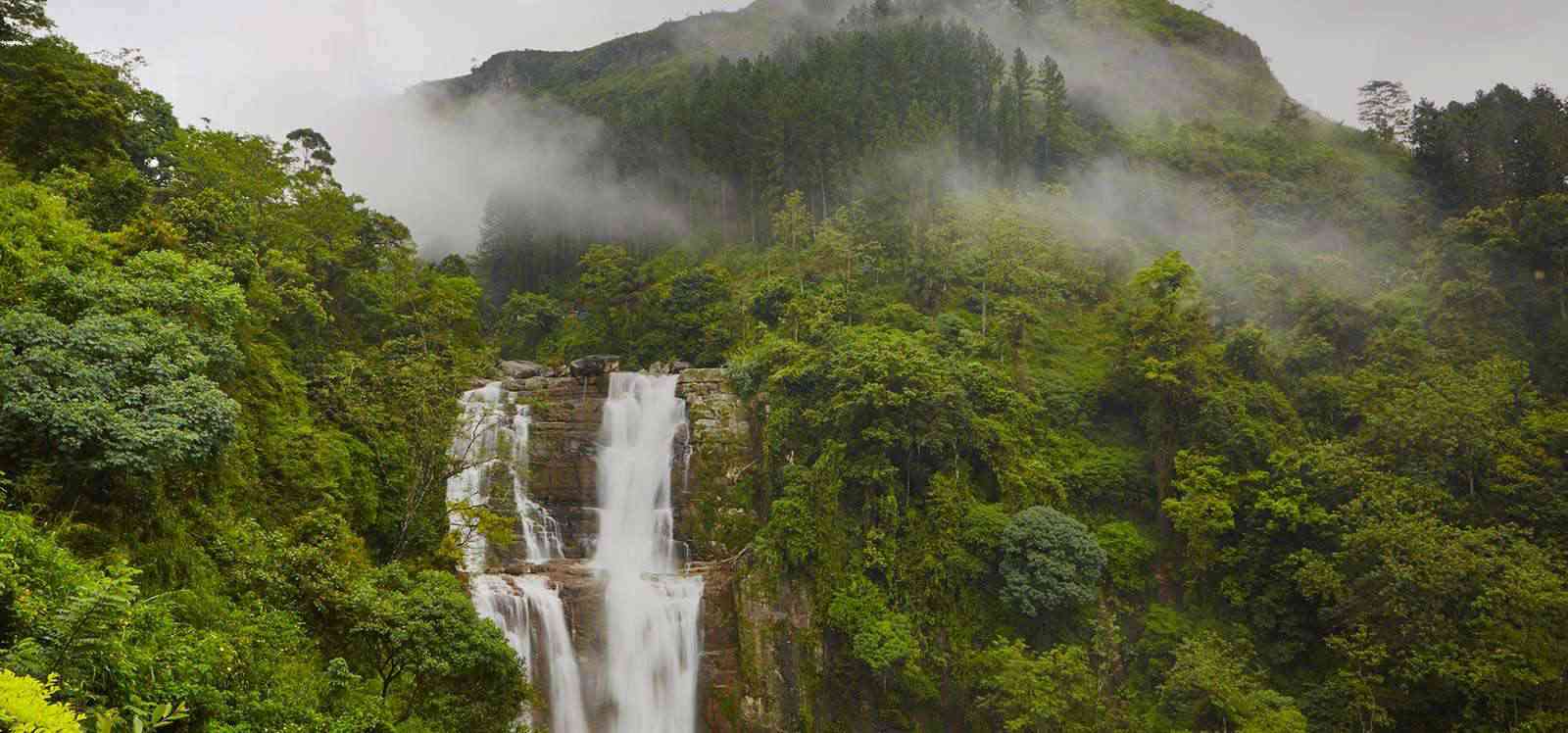 Scenic view of Sri Lanka’s highlands with mist-covered mountains and tea plantations