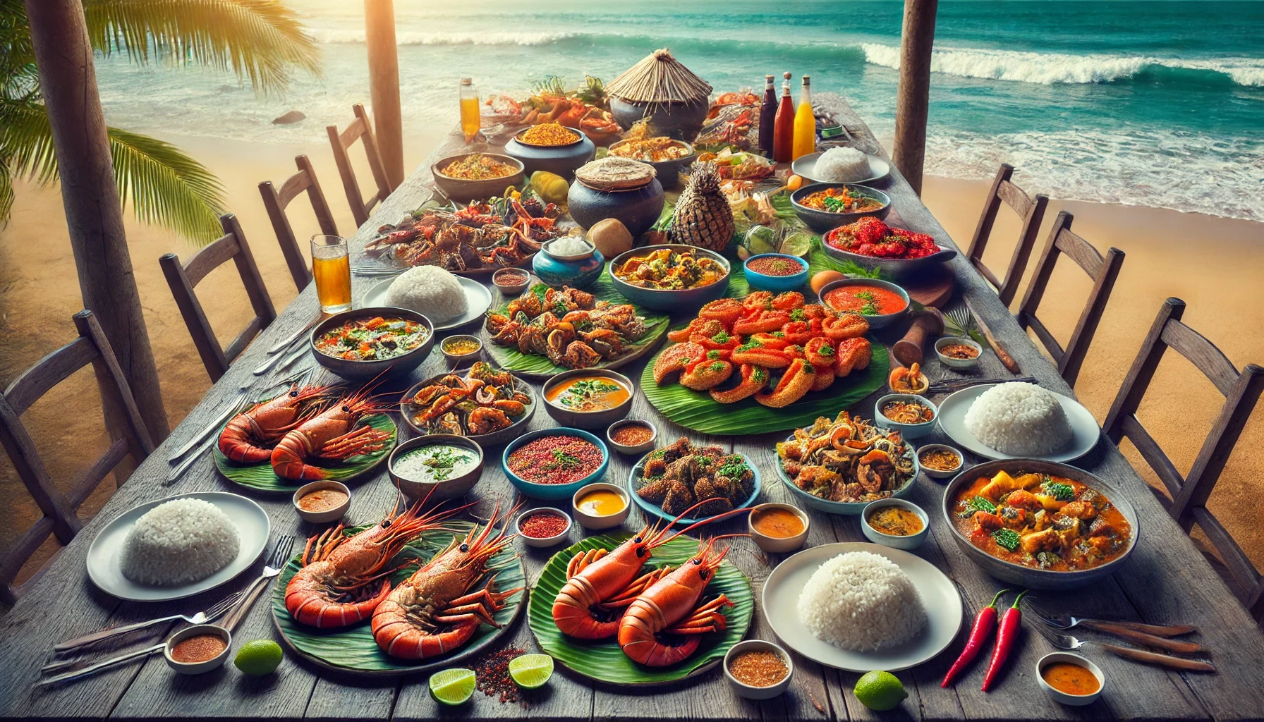 Popular seafood dishes in sri lanka filling up a table next to the beach.