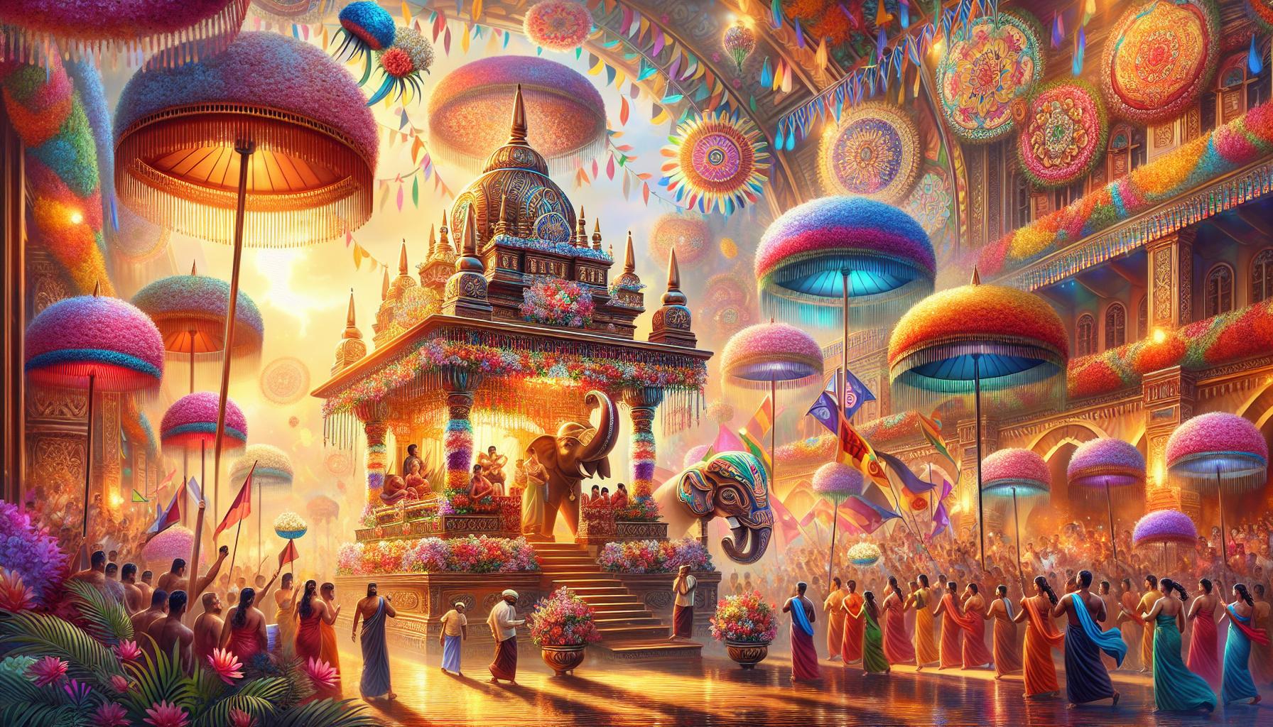 Vibrant festival celebration with ornate decorations and an elephant in a colorful setting