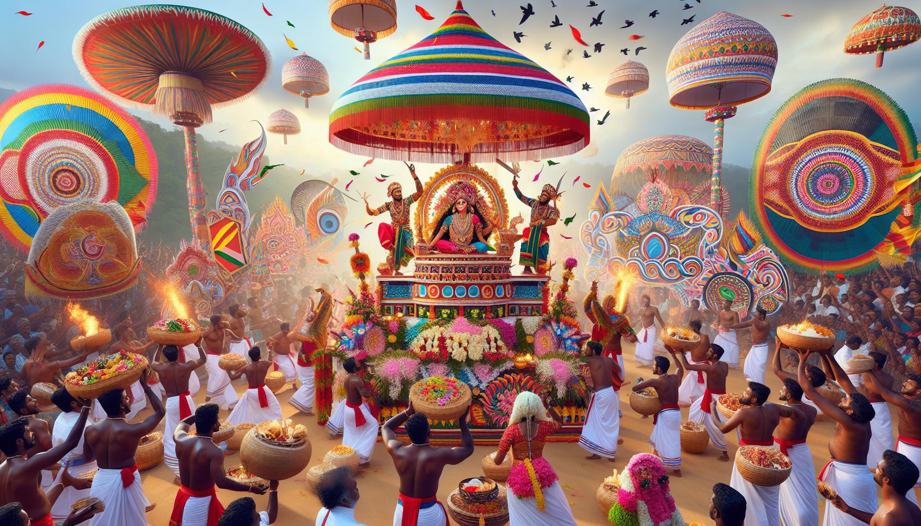 Vibrant festival celebration with traditional decorations and performers in colorful attire