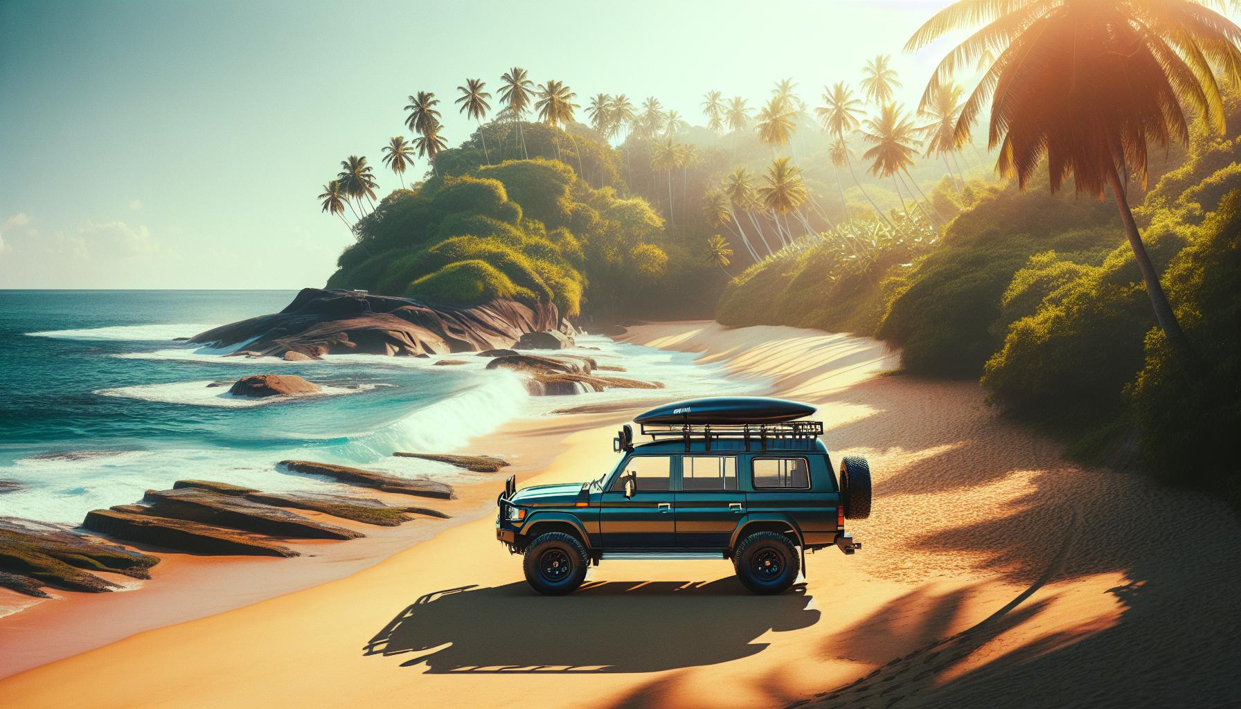 4x4 vehicle parked on a tropical beach with palm trees and ocean waves