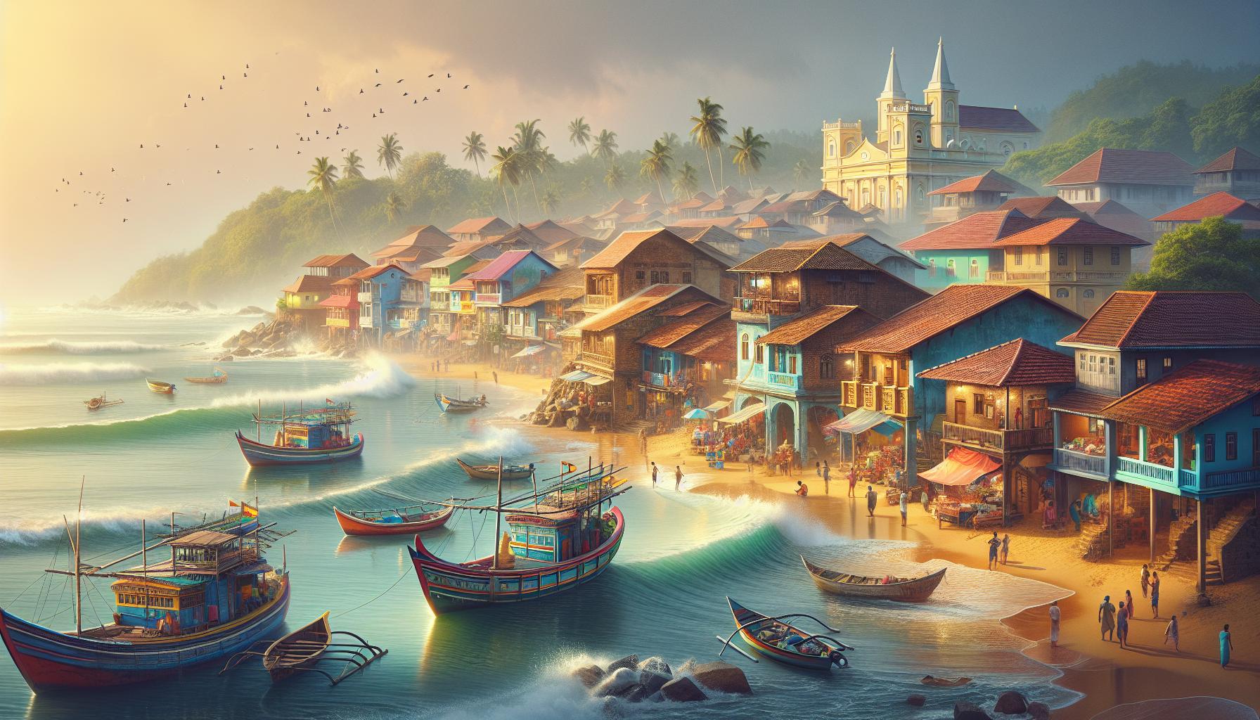Beachfront village with boats and colorful houses at sunset
