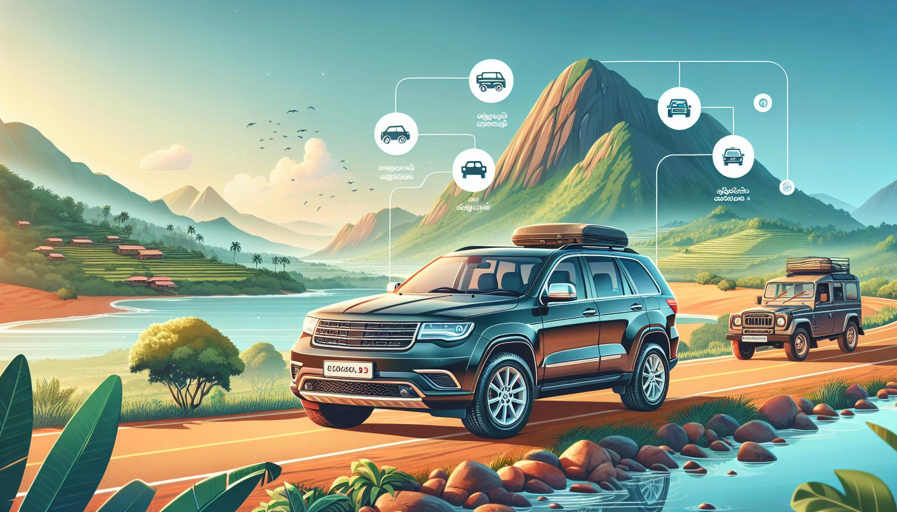 Car Adventure in Nature with Mountains and Water Bodies