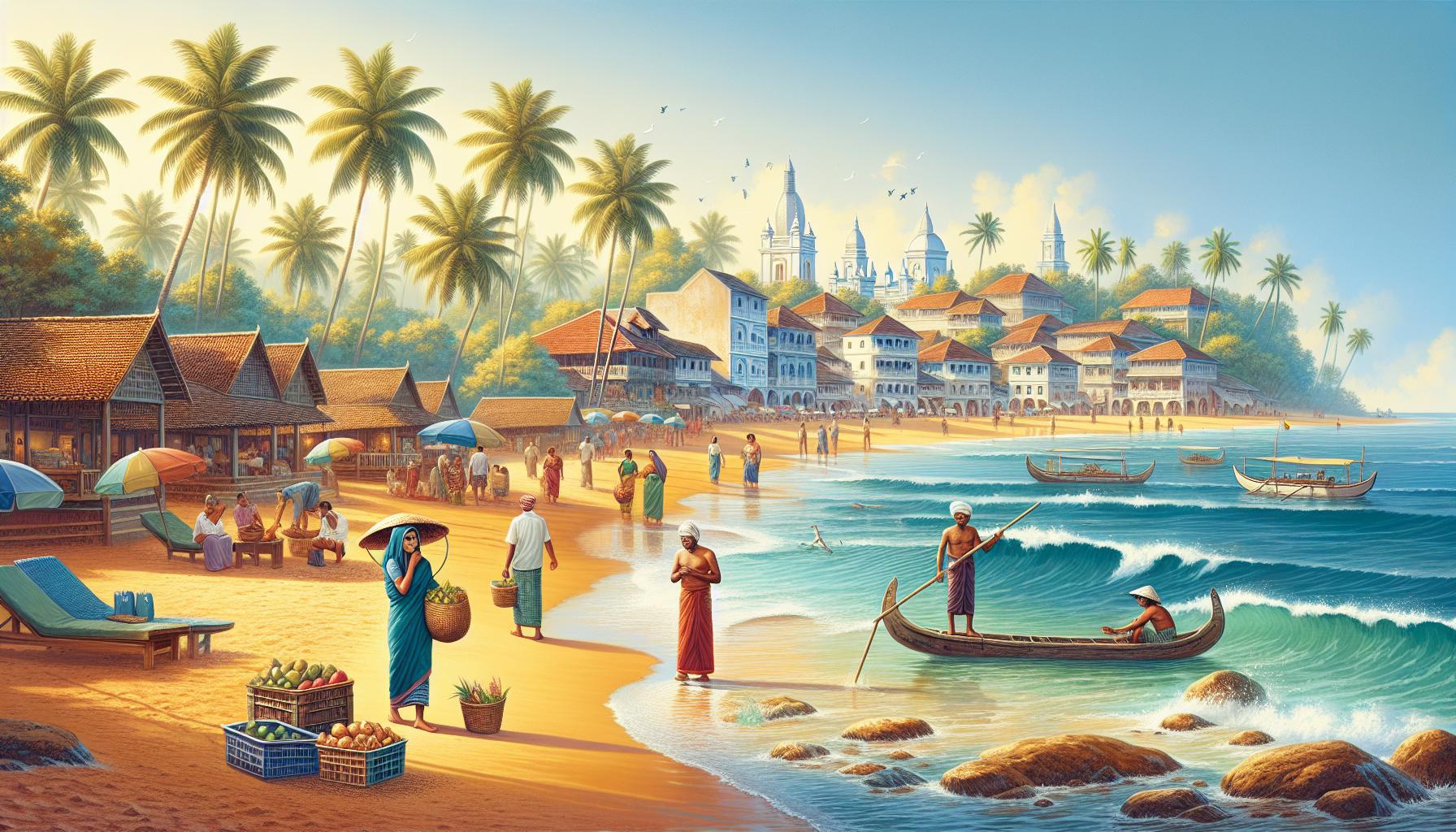 Coastal Marketplace with Fishermen and Palm Trees