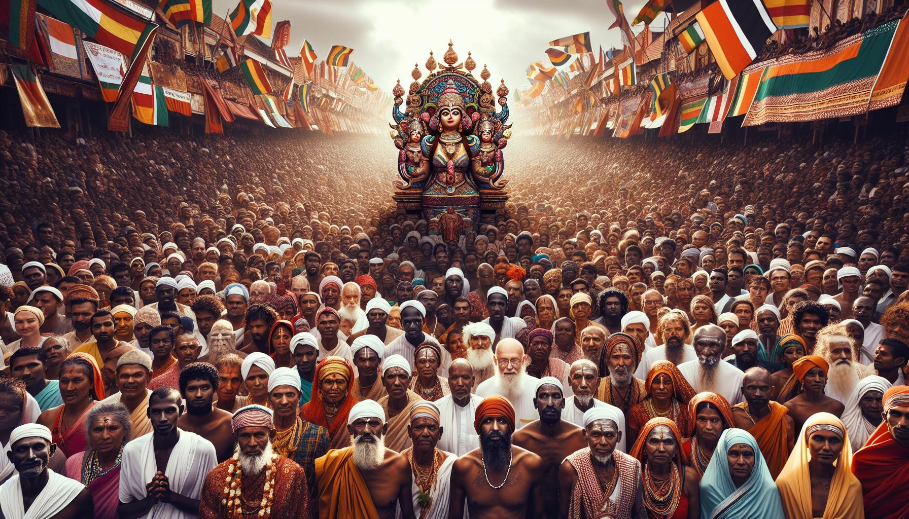 Cultural Gathering with a Deity Sculpture Surrounded by a Diverse Crowd