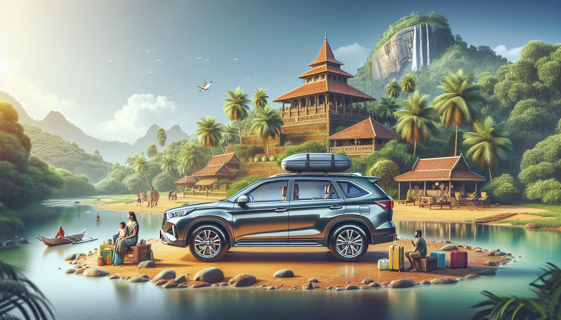 Family Adventure by the River with SUV and Tropical Landscape