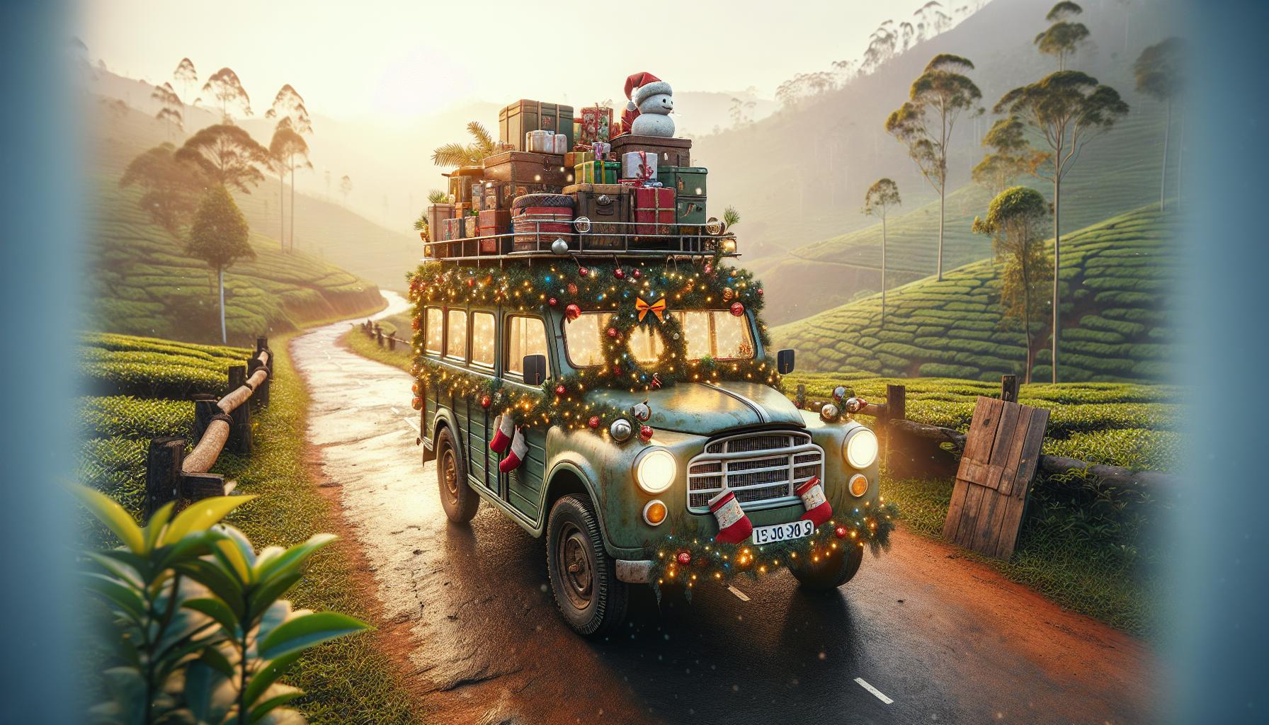 Festively Decorated Vintage Bus with Gifts and Snowman on Rural Road