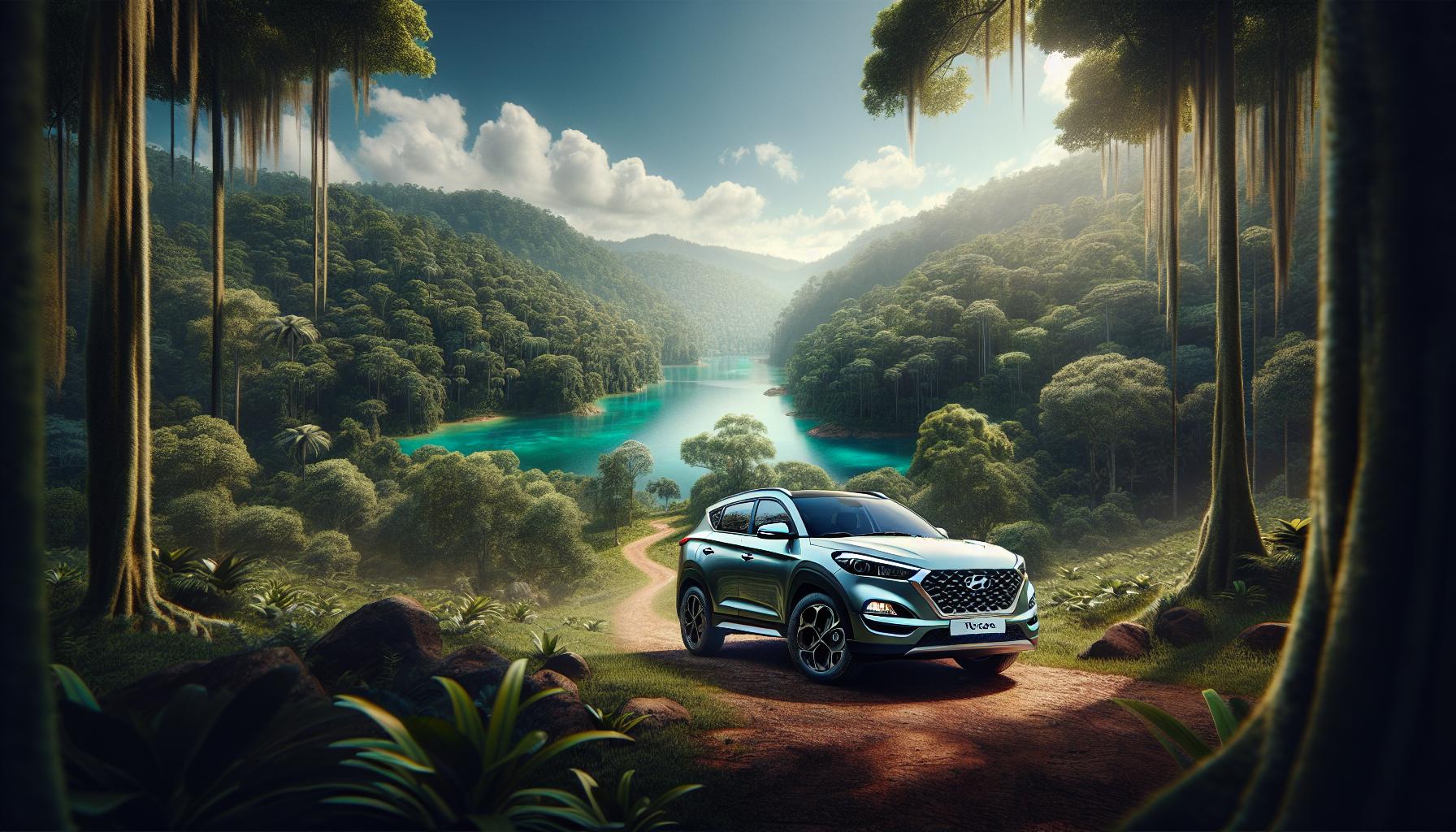 Hyundai SUV in Lush Forest Landscape with River View