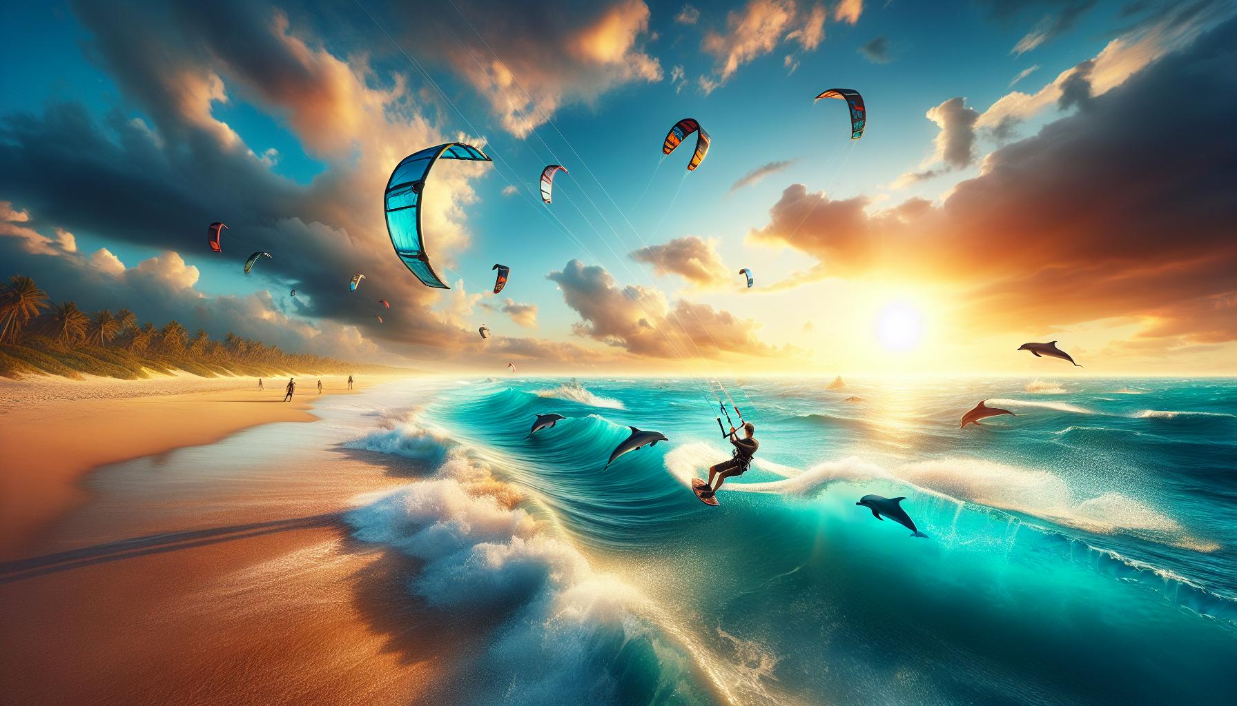 Kitesurfing at Sunset with Dolphins and Waves