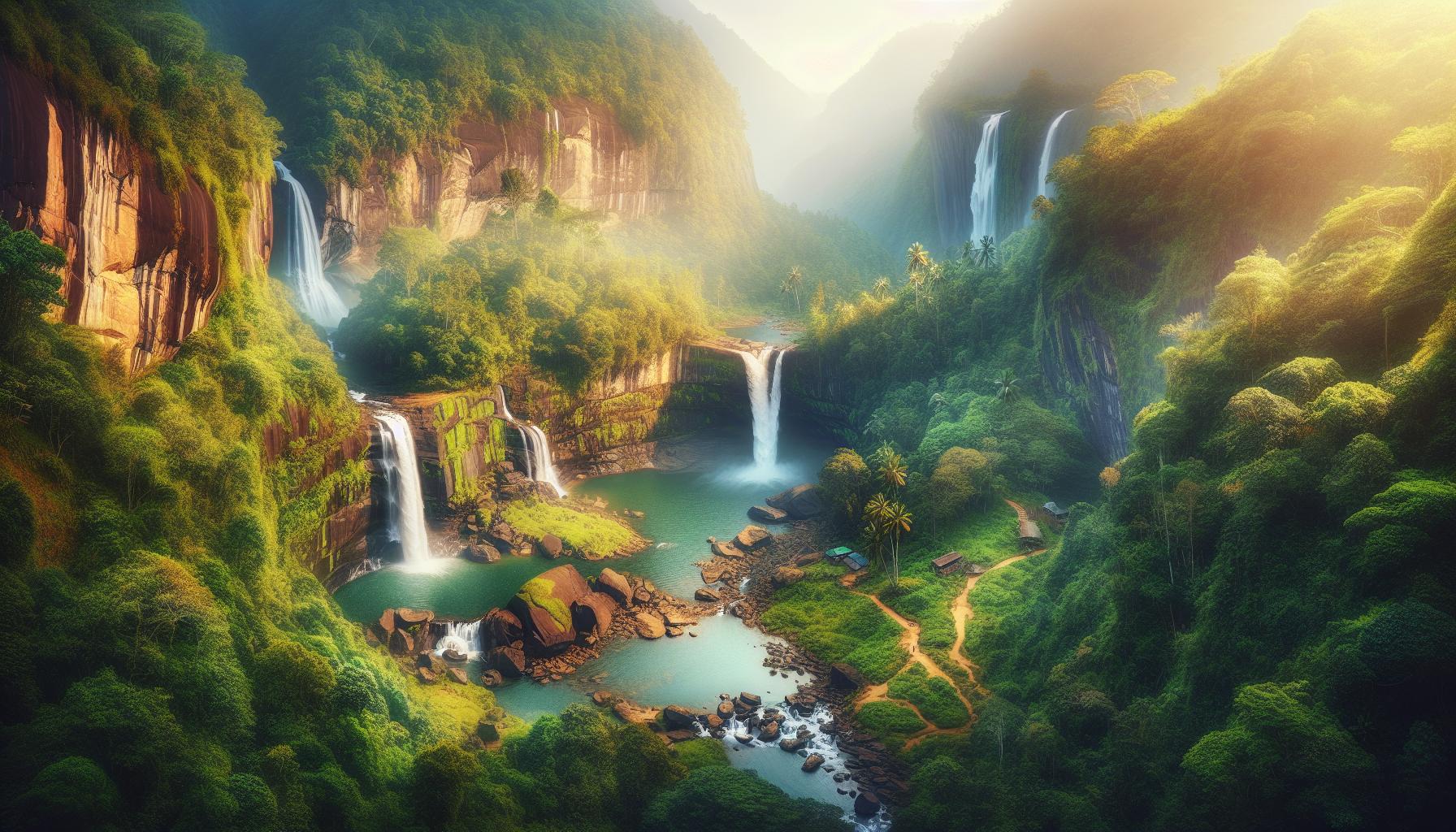Lush Waterfall Landscape with Tropical Foliage and Serene Rivers