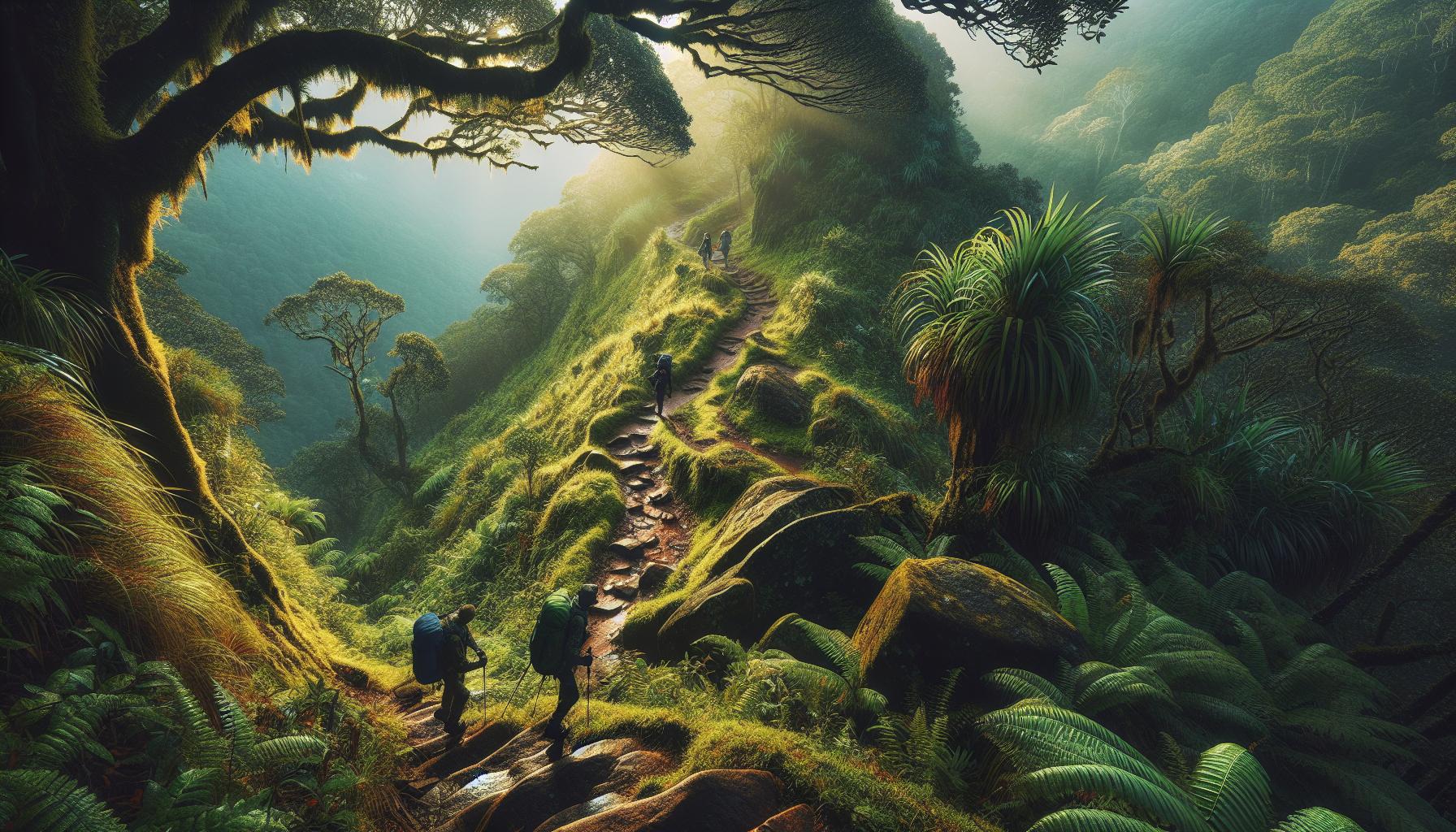Misty Mountain Trail with Hikers in Lush Green Forest