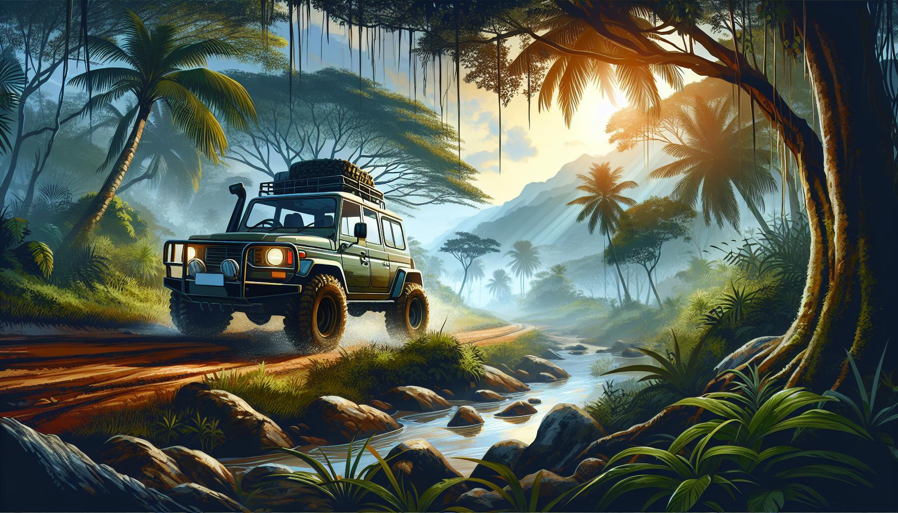 Off-Road Adventure Vehicle in Lush Jungle Landscape