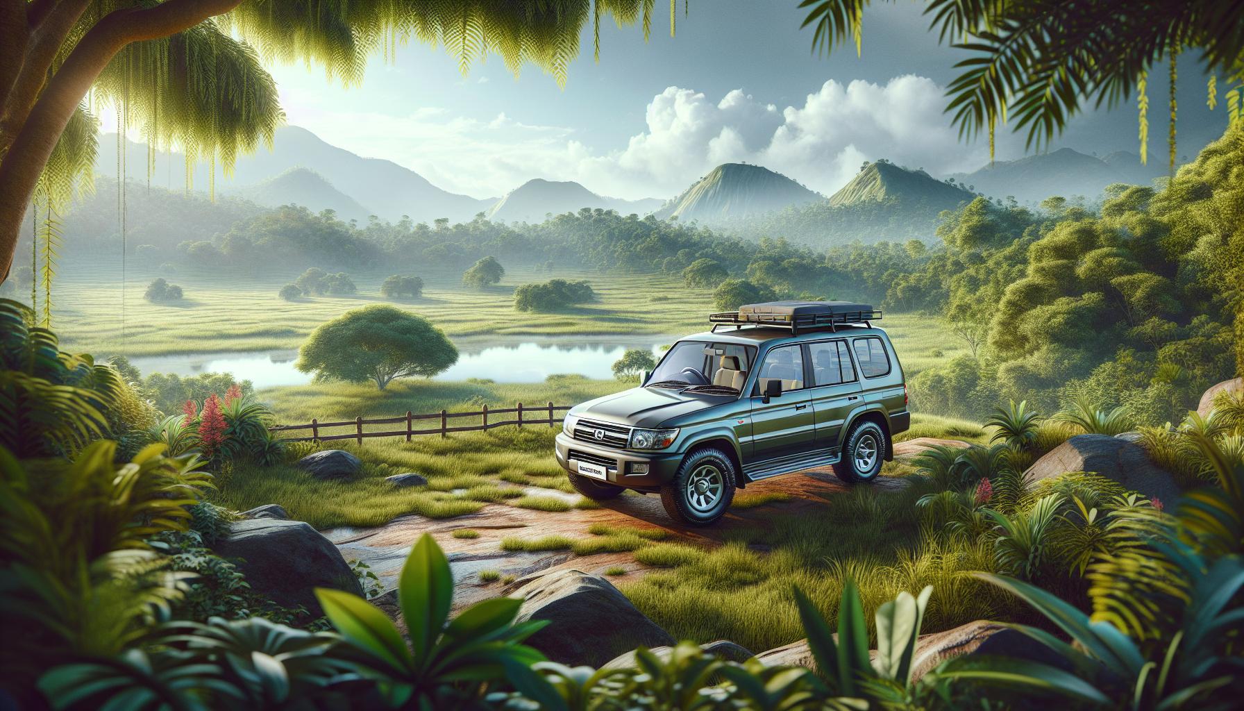 SUV in a lush green landscape with mountains and a calm lake.