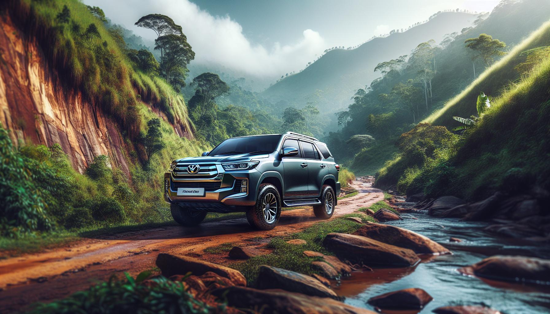 SUV on a rugged mountain trail with a stream and lush greenery