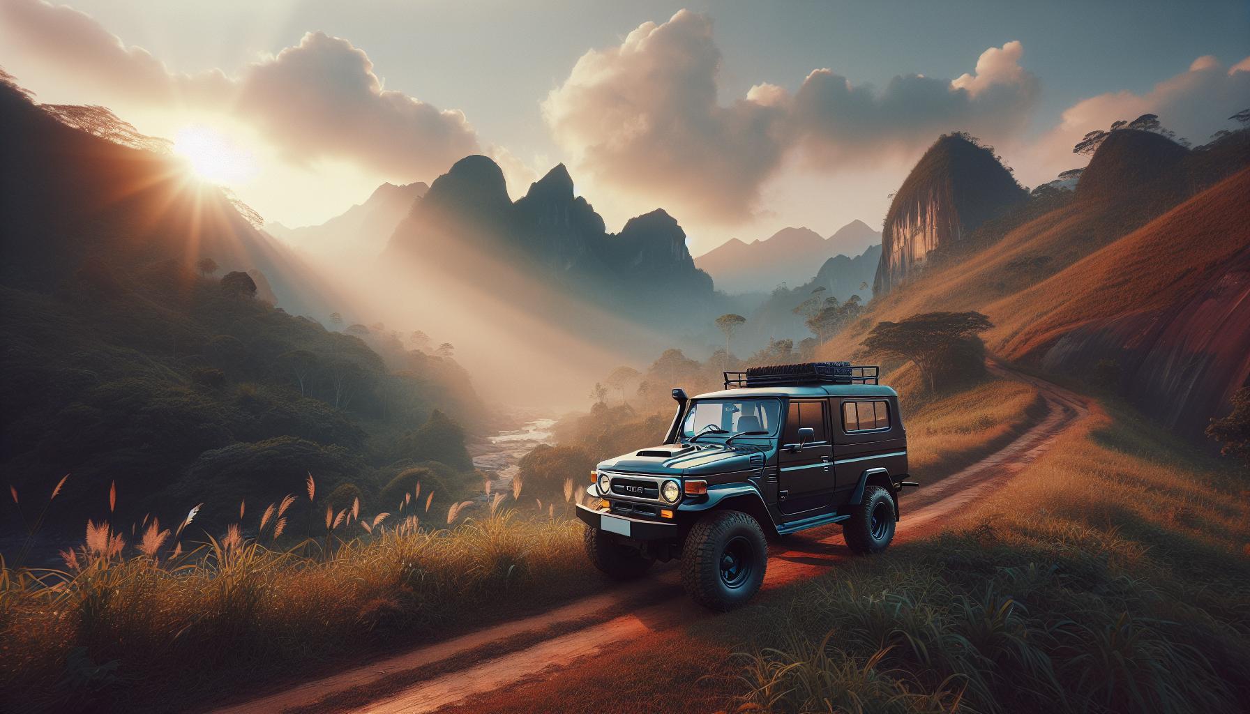 SUV on a winding mountain road during sunset