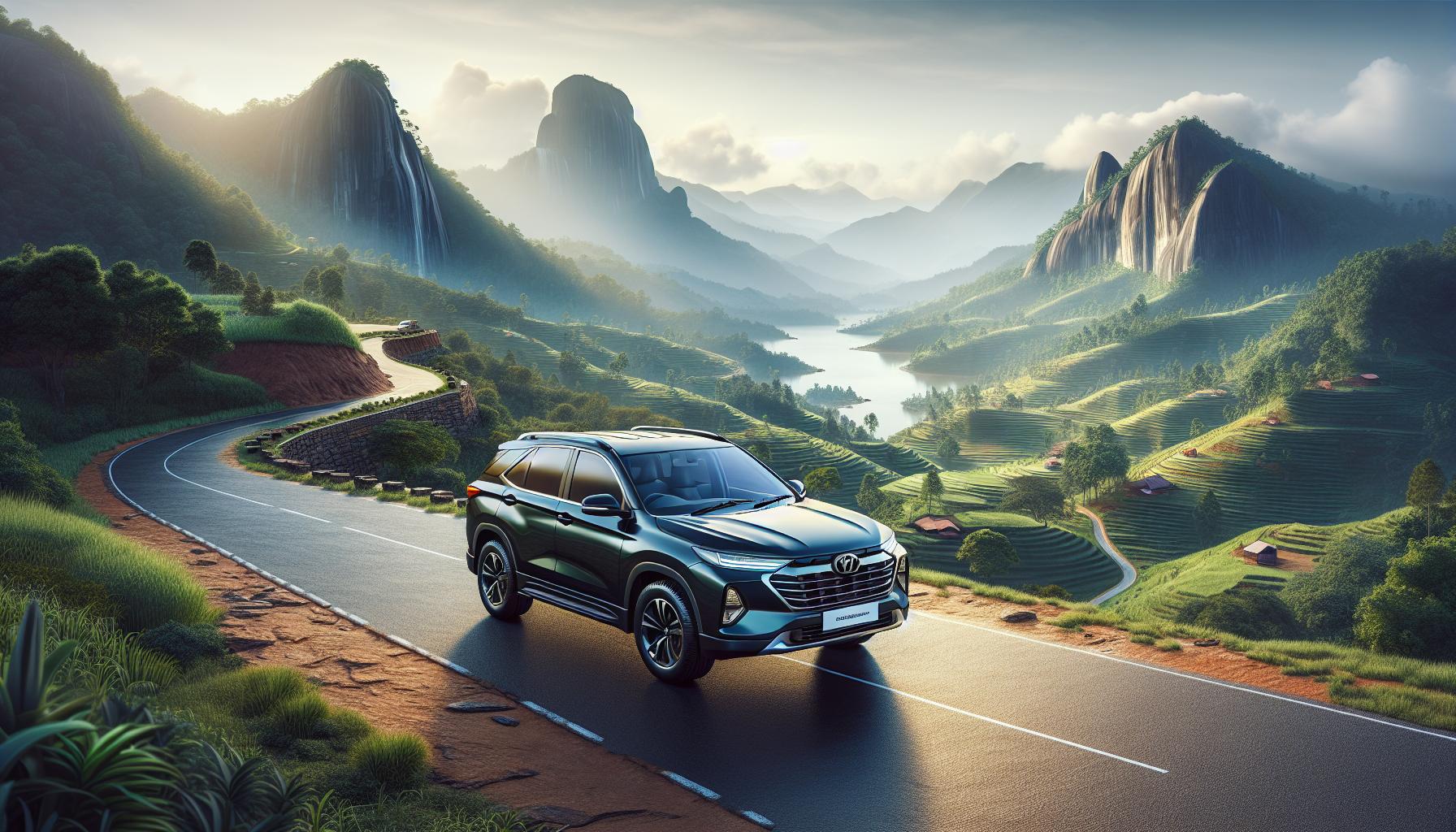 SUV on a winding road through a scenic mountain landscape