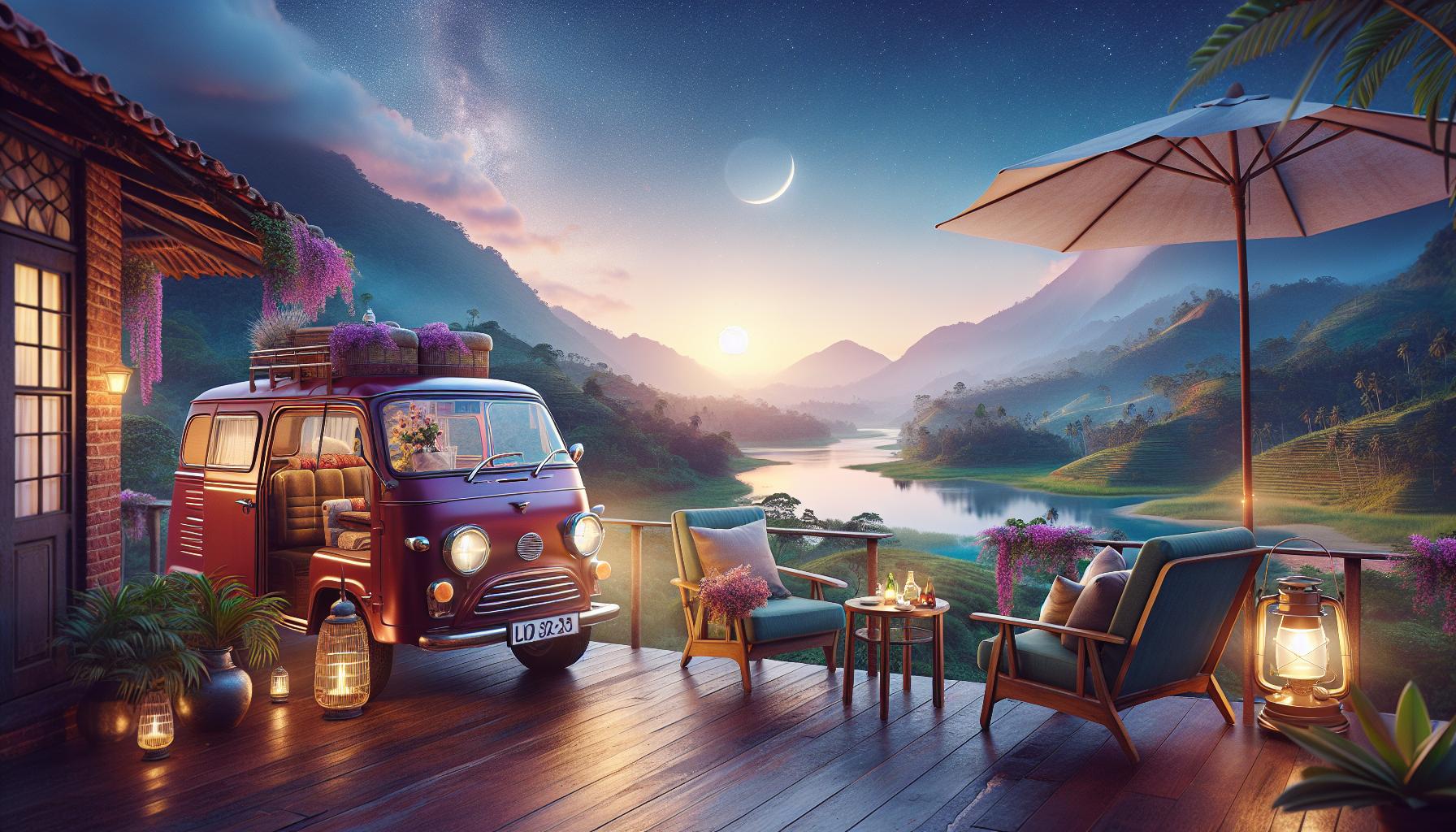 Scenic balcony view with vintage van, mountains, and sunset ambiance