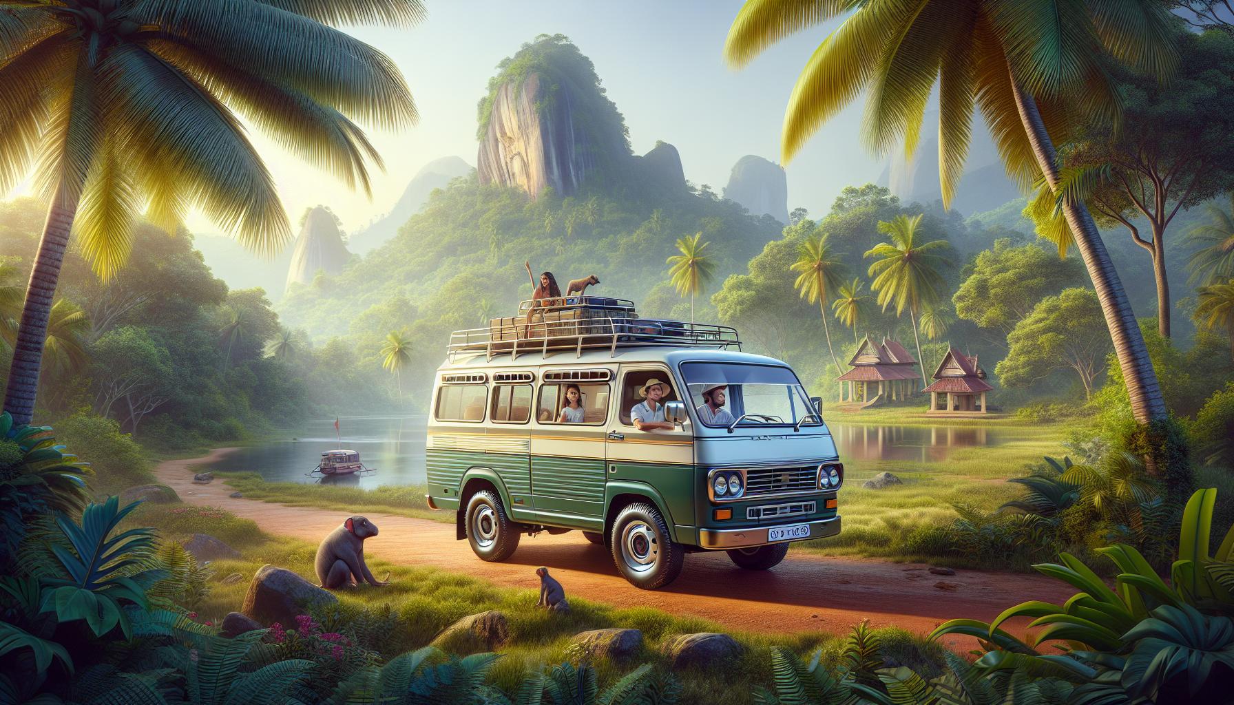 Scenic road trip with vintage van in tropical landscape