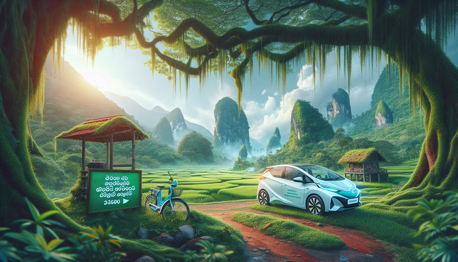 Serene Landscape with Electric Car and Bicycle in Lush Greenery