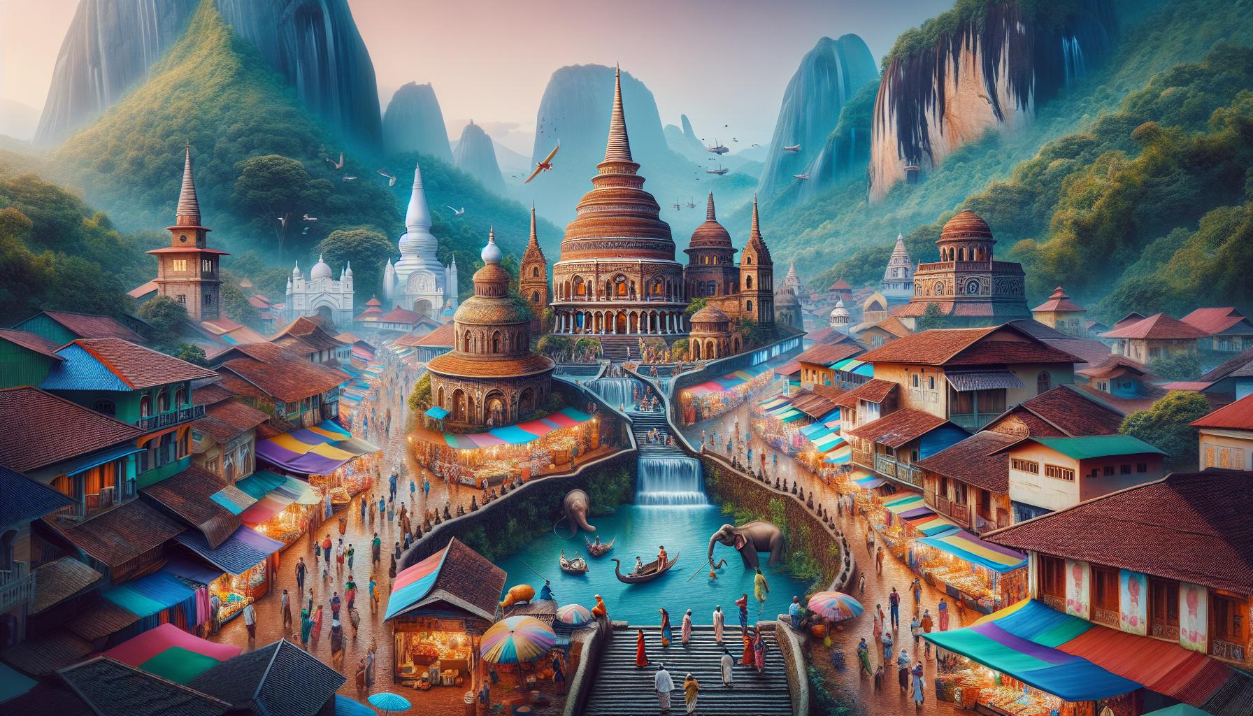 Serene Marketplace in a Fantasy Landscape with Temples and Elephants