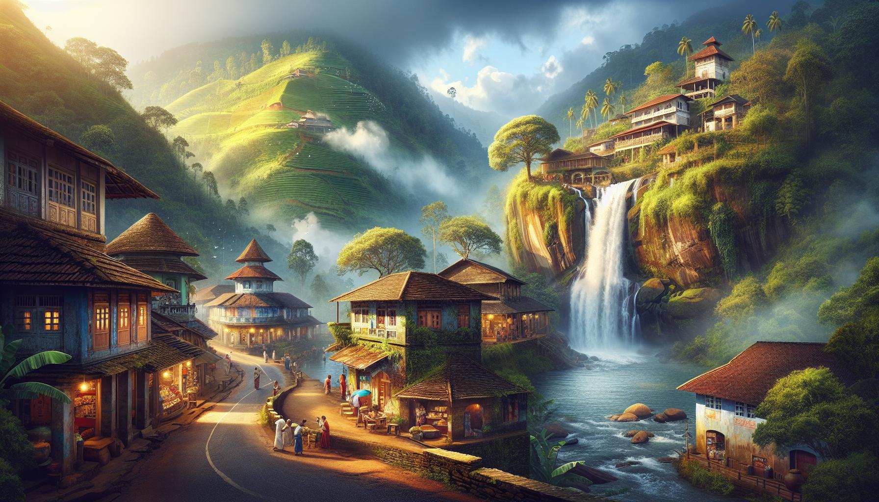 Serene Village Landscape with Waterfall and Misty Mountains