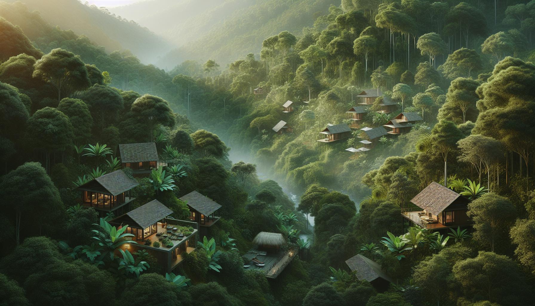 Serene forest village nestled in lush mountains