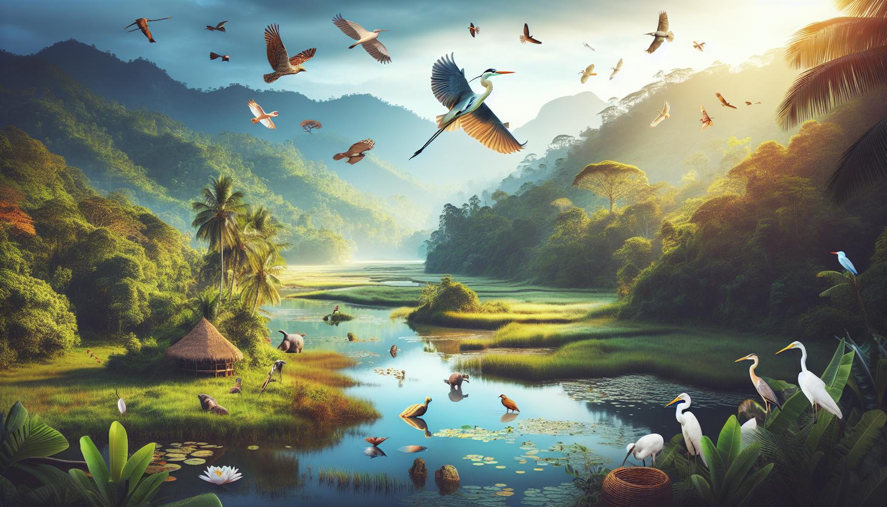 Serene landscape with diverse birds and wildlife near a calm river in a lush forest setting