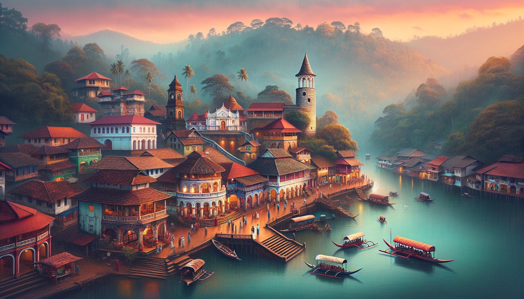 Serene waterfront village at sunset with traditional boats and lush greenery