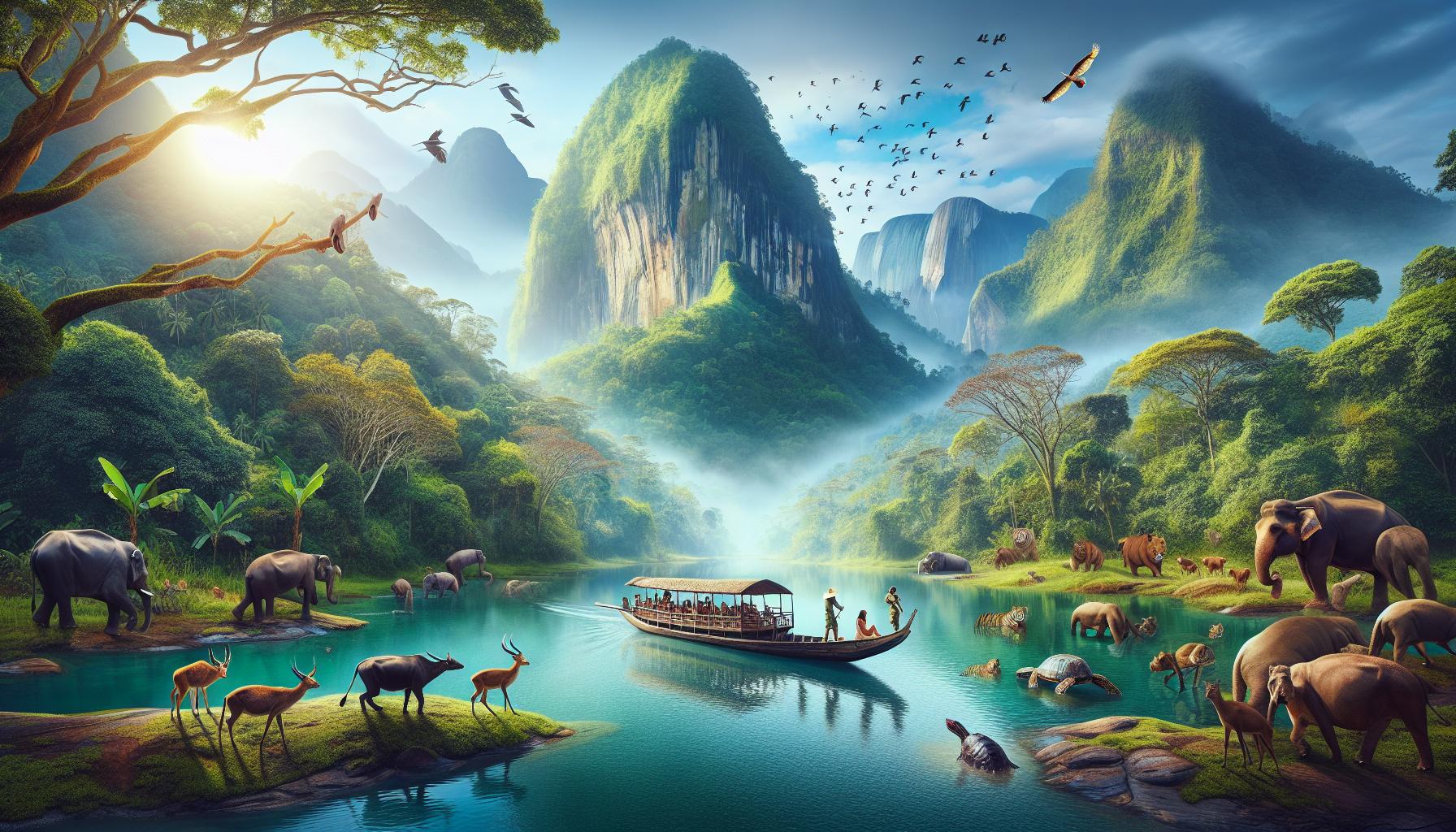 Serene_river_scene_with_diverse_wildlife_and_boat_in_lush_landscape