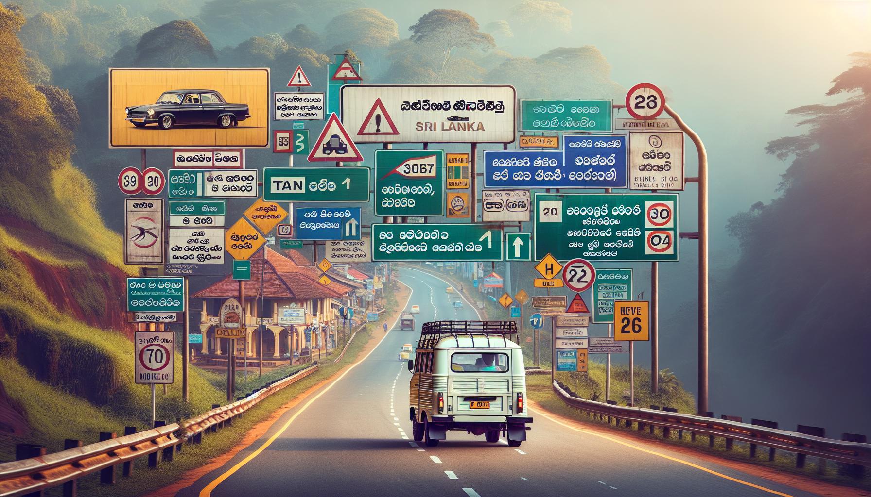 Sri Lanka road signs with vintage car on highway
