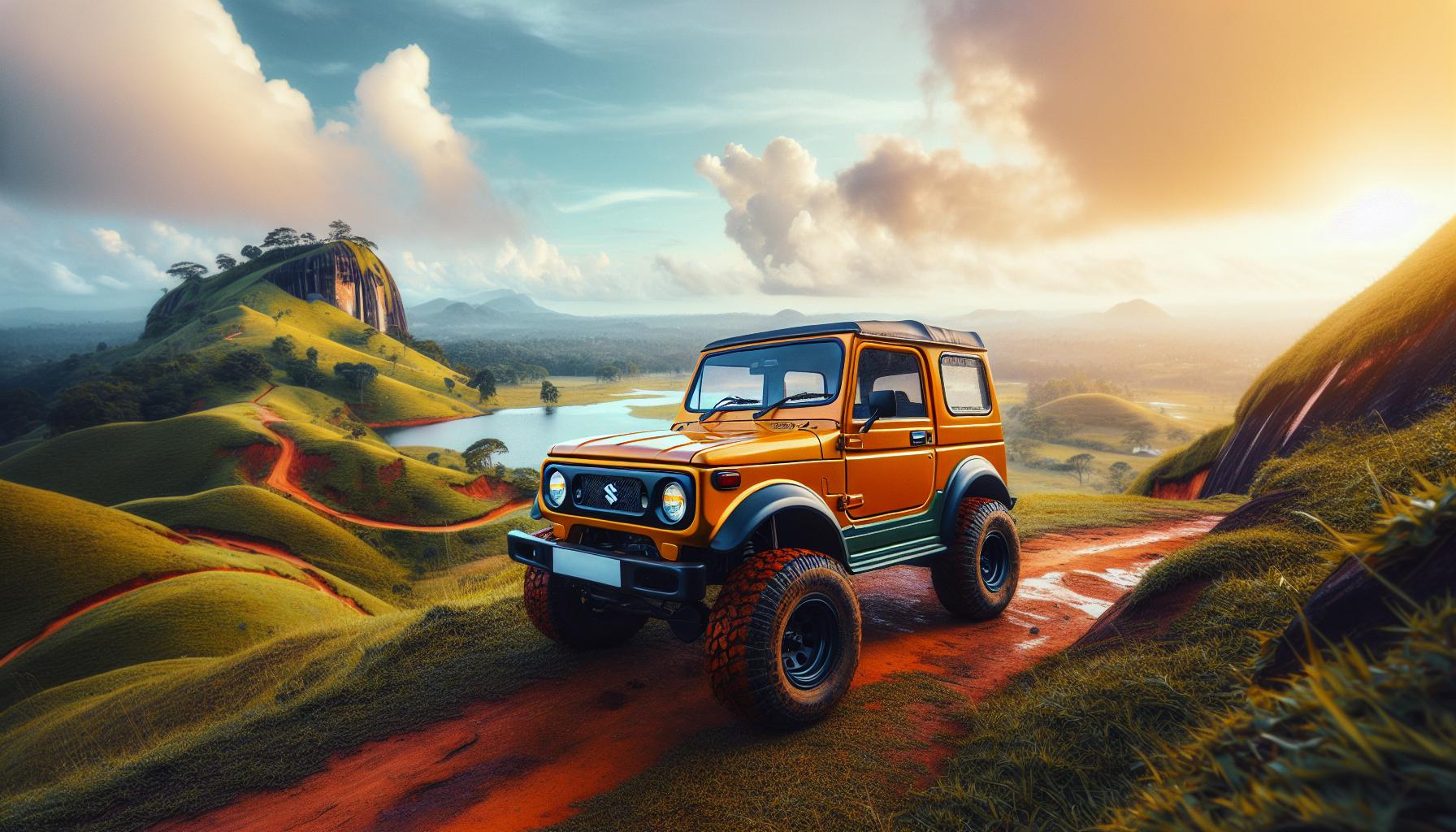 Suzuki Jimny off-road vehicle in a scenic landscape at sunset