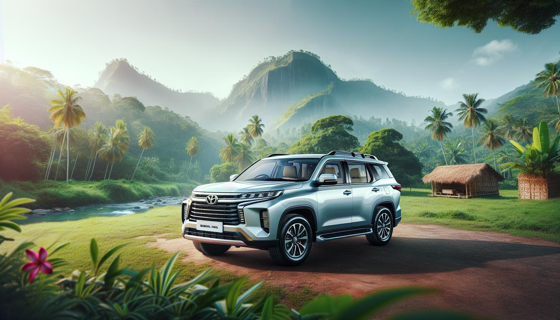 Toyota SUV in lush tropical landscape with palm trees and mountain backdrop