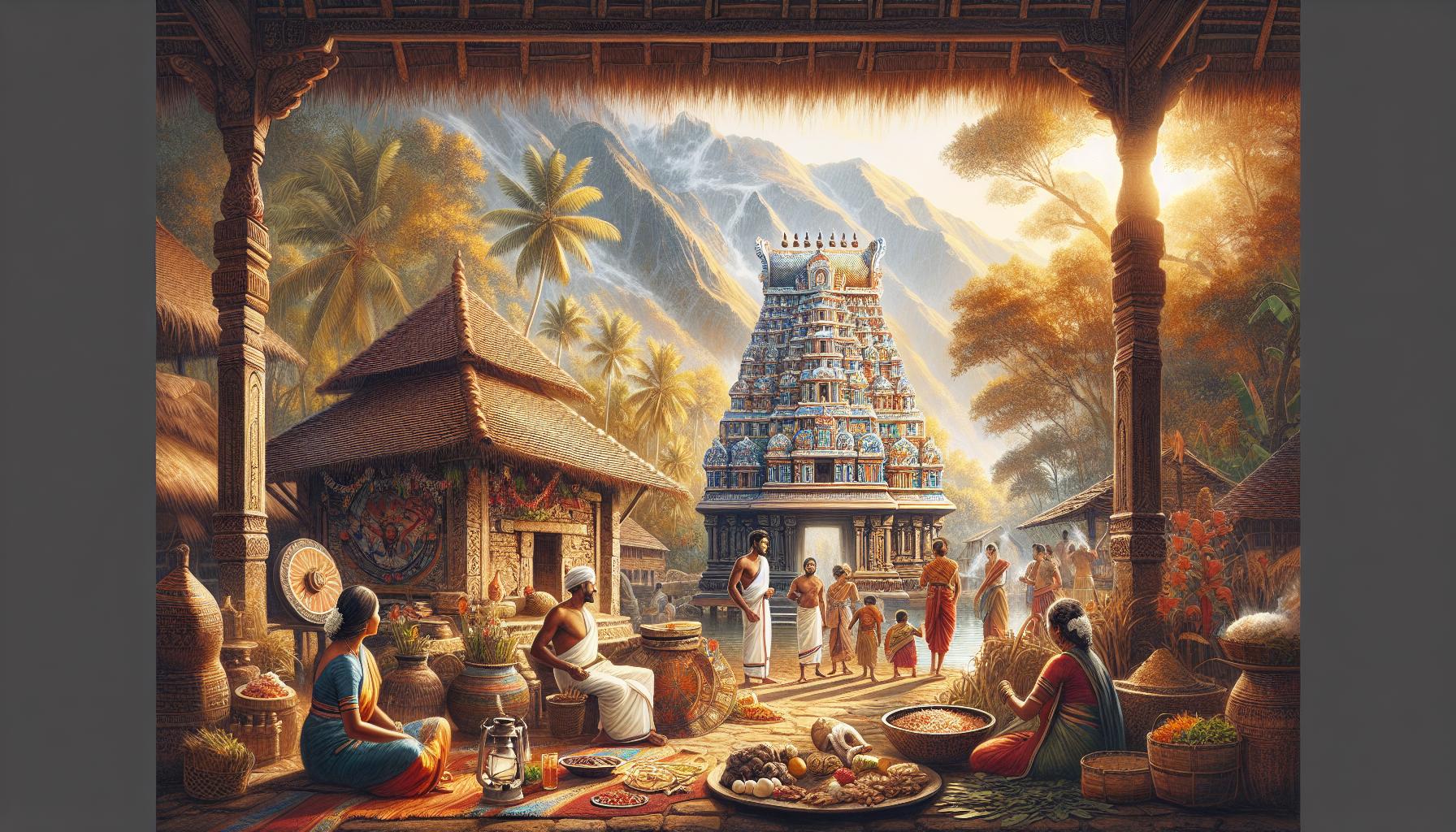 Traditional Indian Village Scene with Temple and Women Preparing Food