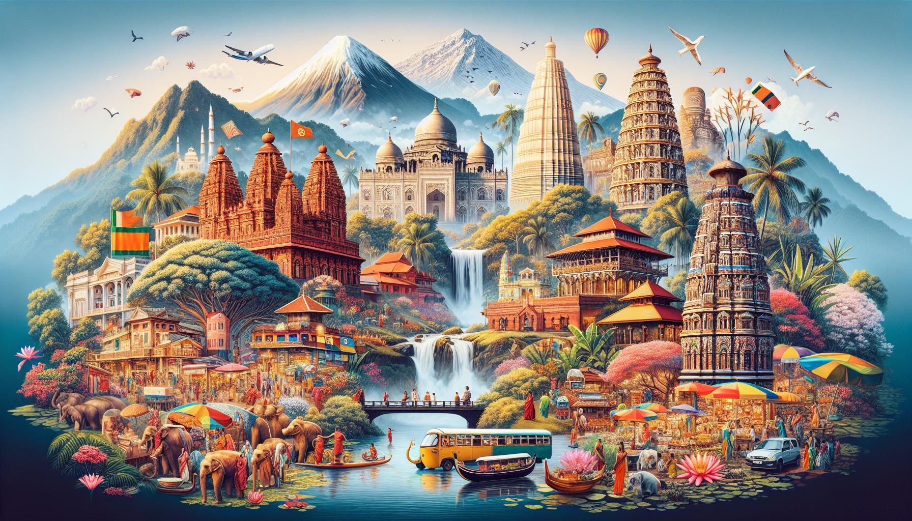 Vibrant Landscape Depicting Cultural Diversity with Temples, Markets, and Nature