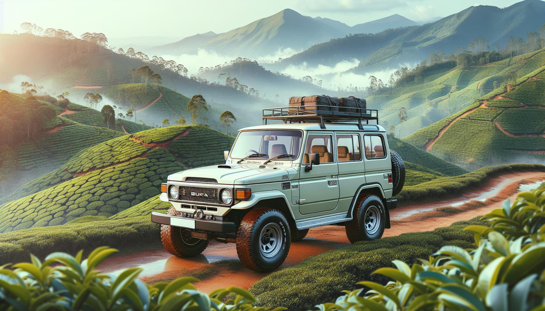 Vintage SUV in a Tea Plantation Landscape