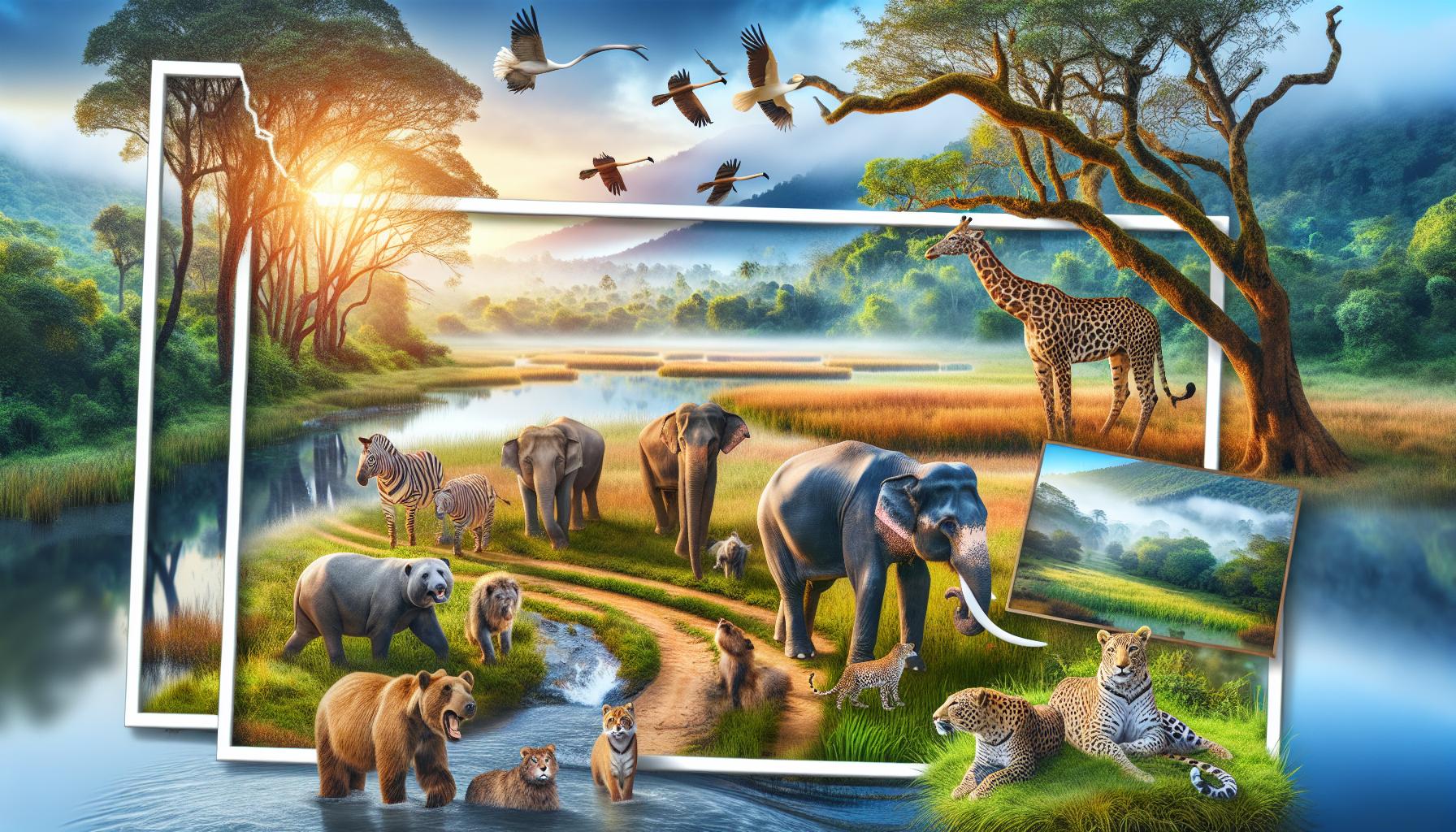 Wildlife in a Scenic Landscape with Various Animals and Birds