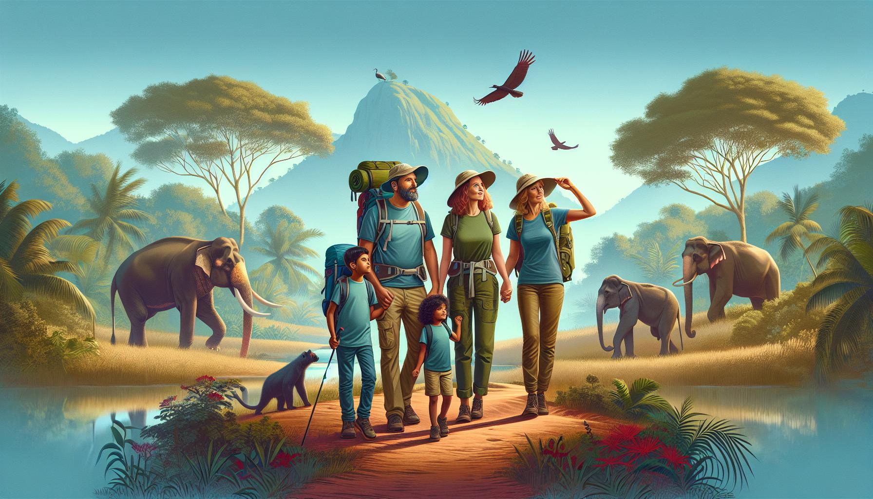 family-hiking-in-nature-with-elephants-and-birds