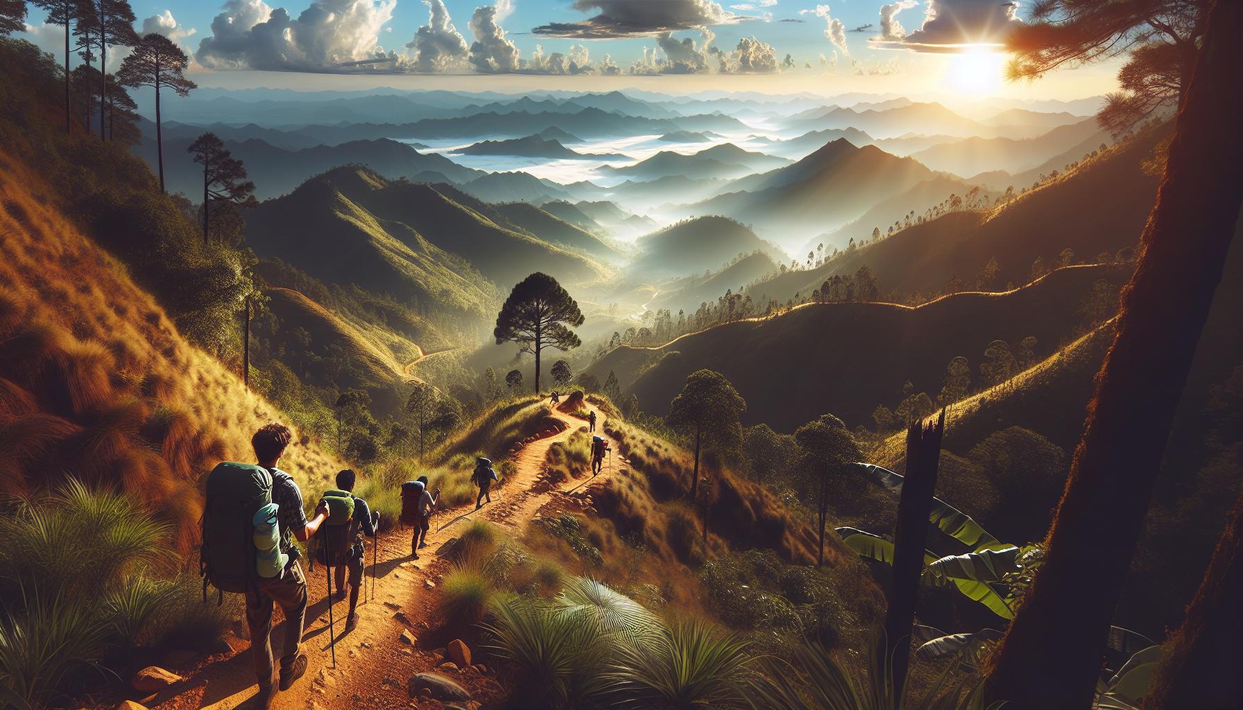hikers-traveling-through-mountainous-landscape-at-sunset
