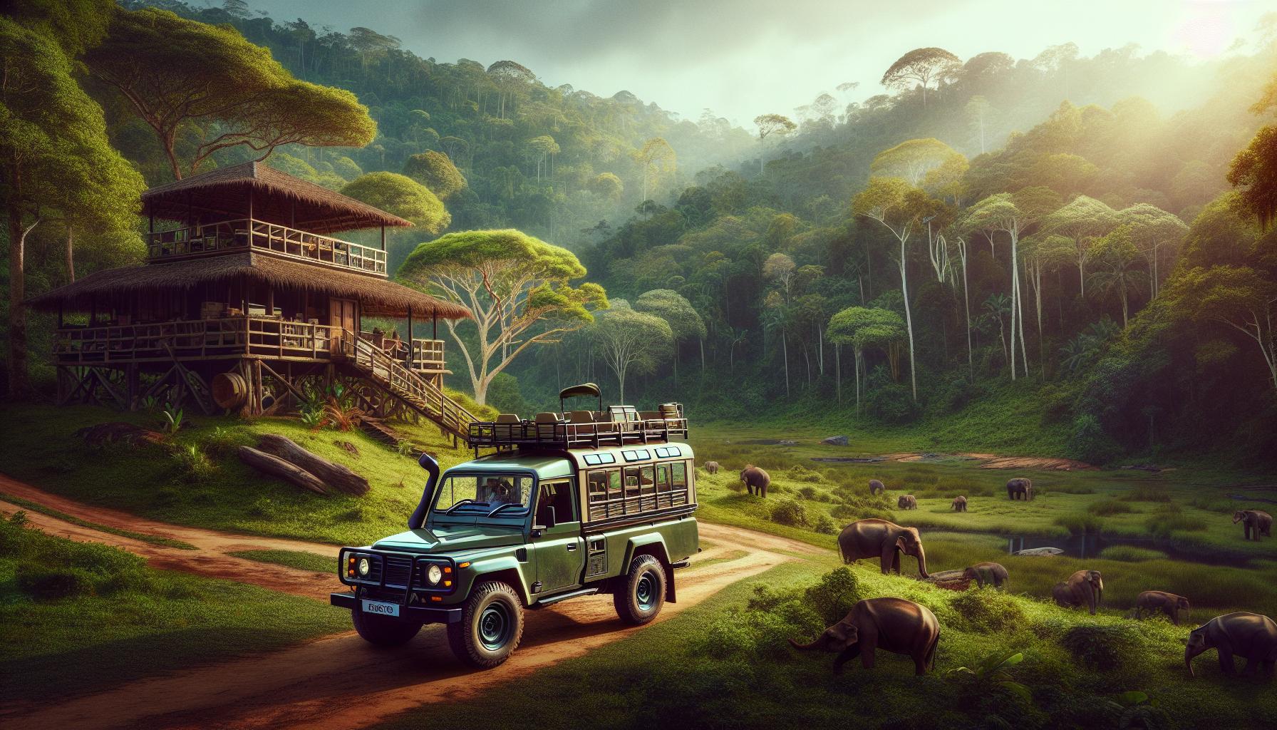 safari-vehicle-in-jungle-with-elephants-and-lodge