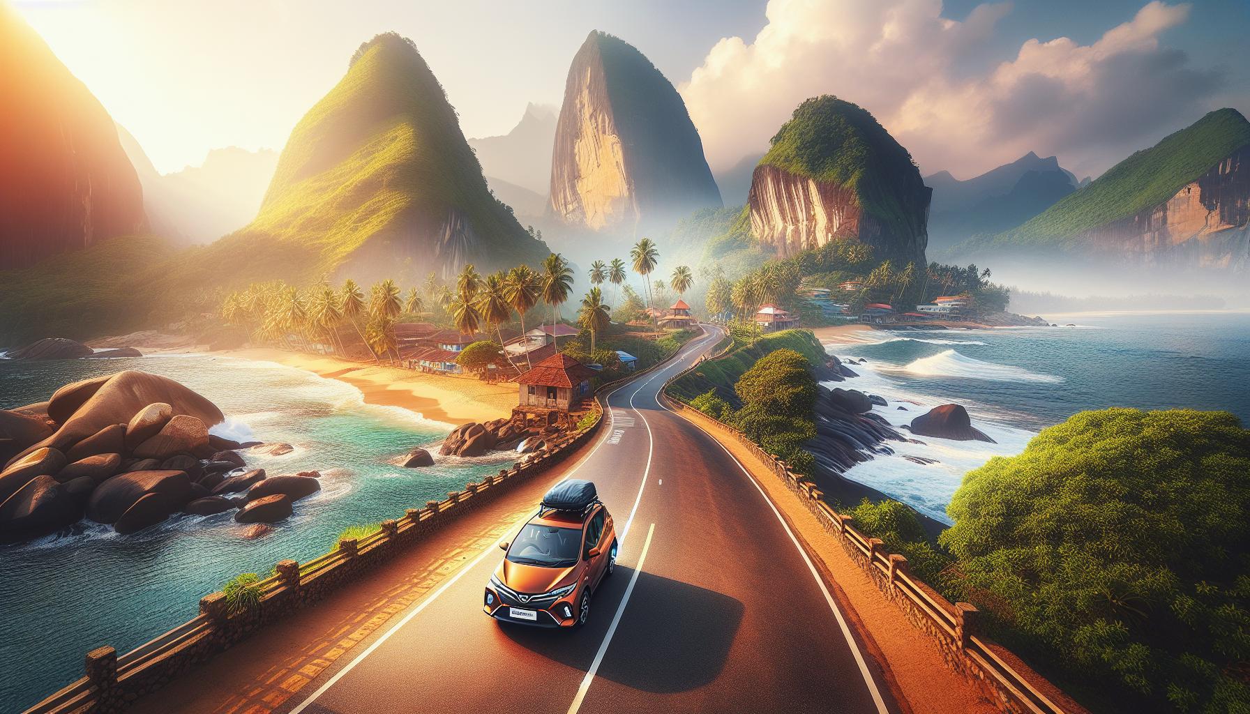 serene-coastal-road-with-car-surrounded-by-mountains-and-palm-trees