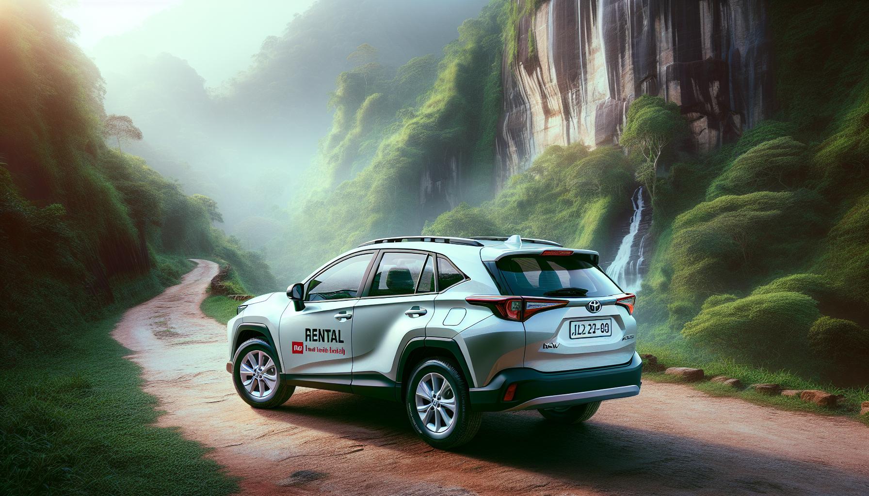 silver SUV on a winding mountain road with lush greenery and a waterfall in the background