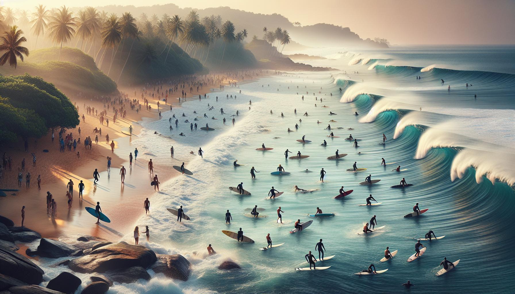 surfers-on-beach-at-sunset-with-waves-and-palm-trees