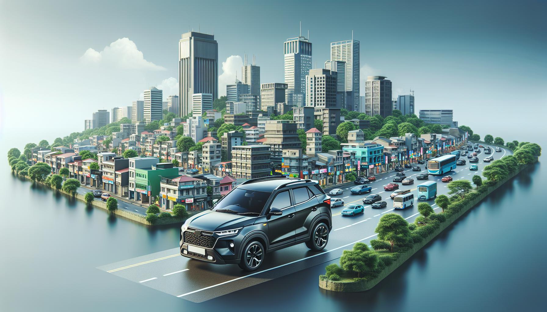 urban landscape with modern skyscrapers and busy highway featuring a black car