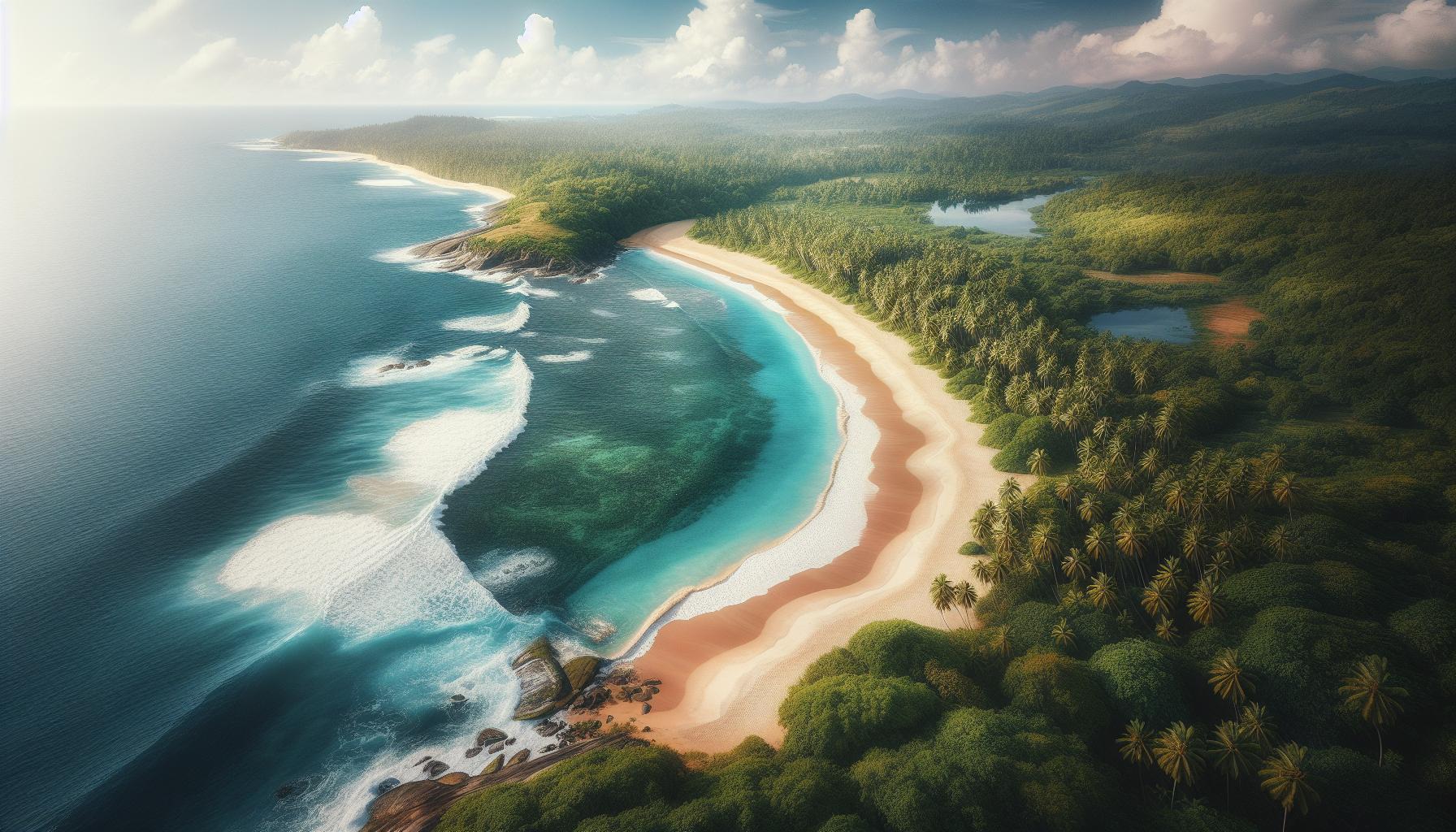 Aerial view of a serene tropical beach with turquoise waters and lush green landscape