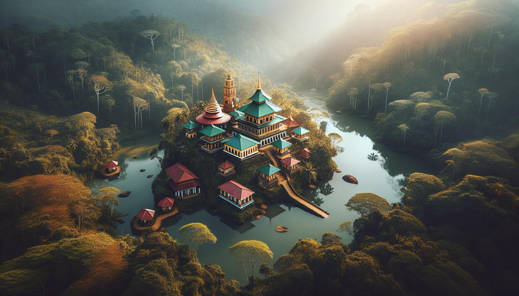 Aerial view of a vibrant fantasy temple complex surrounded by lush greenery and tranquil water.
