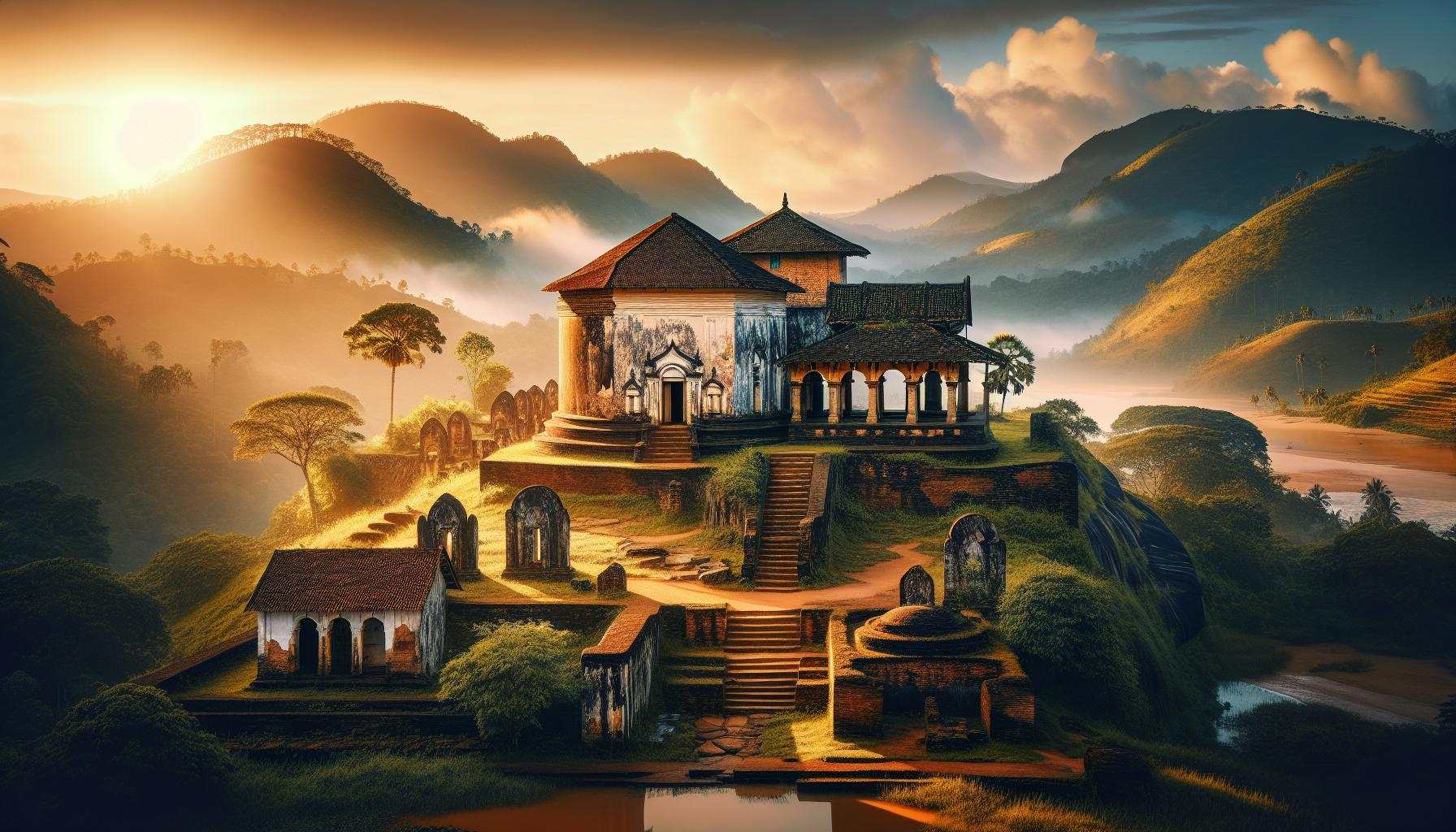 Ancient Temple on a Hill Surrounded by Mountains at Sunrise