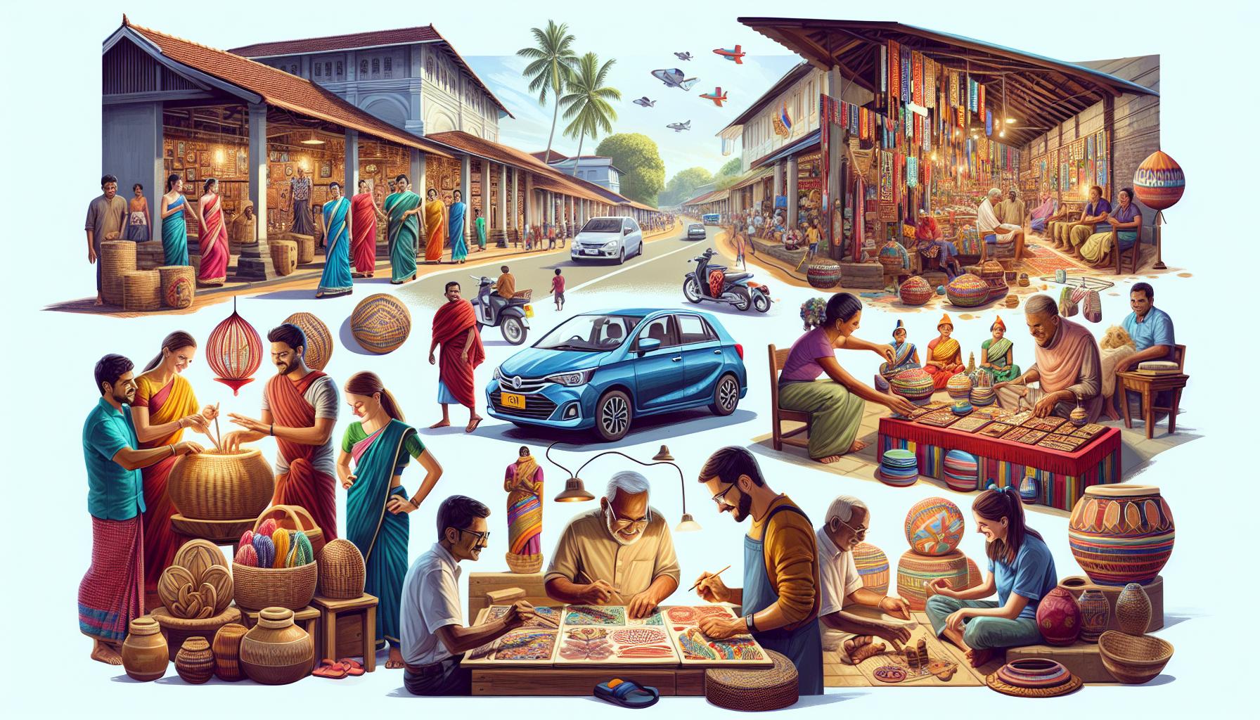 Artisan Market Scene with Traditional Crafts and Vehicles