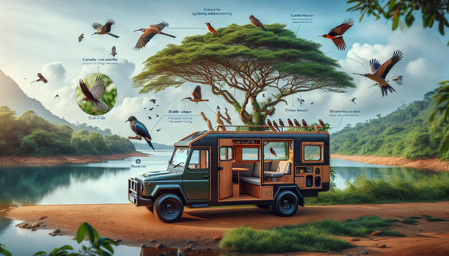 Birdwatching vehicle by the riverside with educational annotations about local bird species