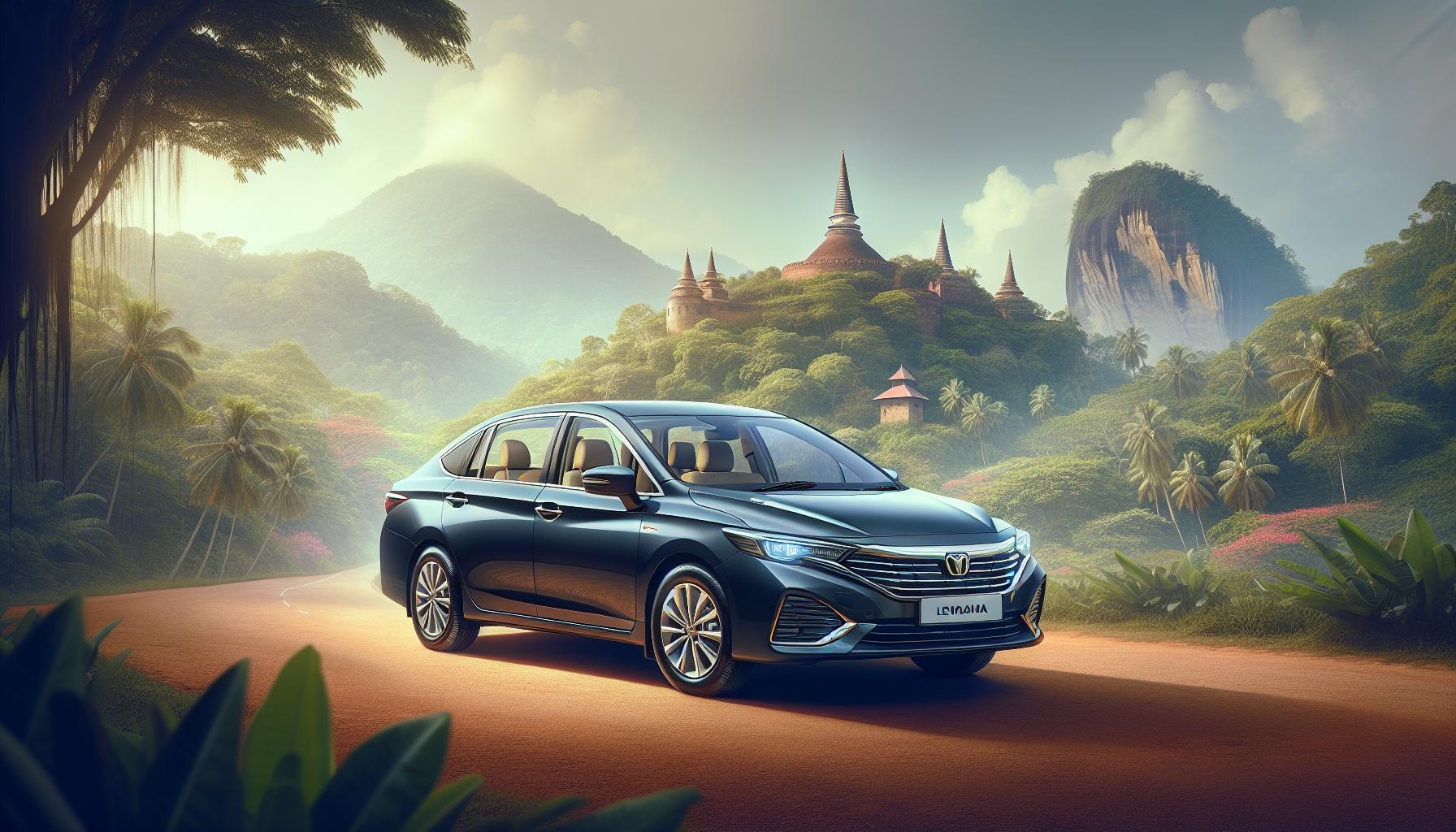 Black sedan in tropical landscape with mountains and temples in the background